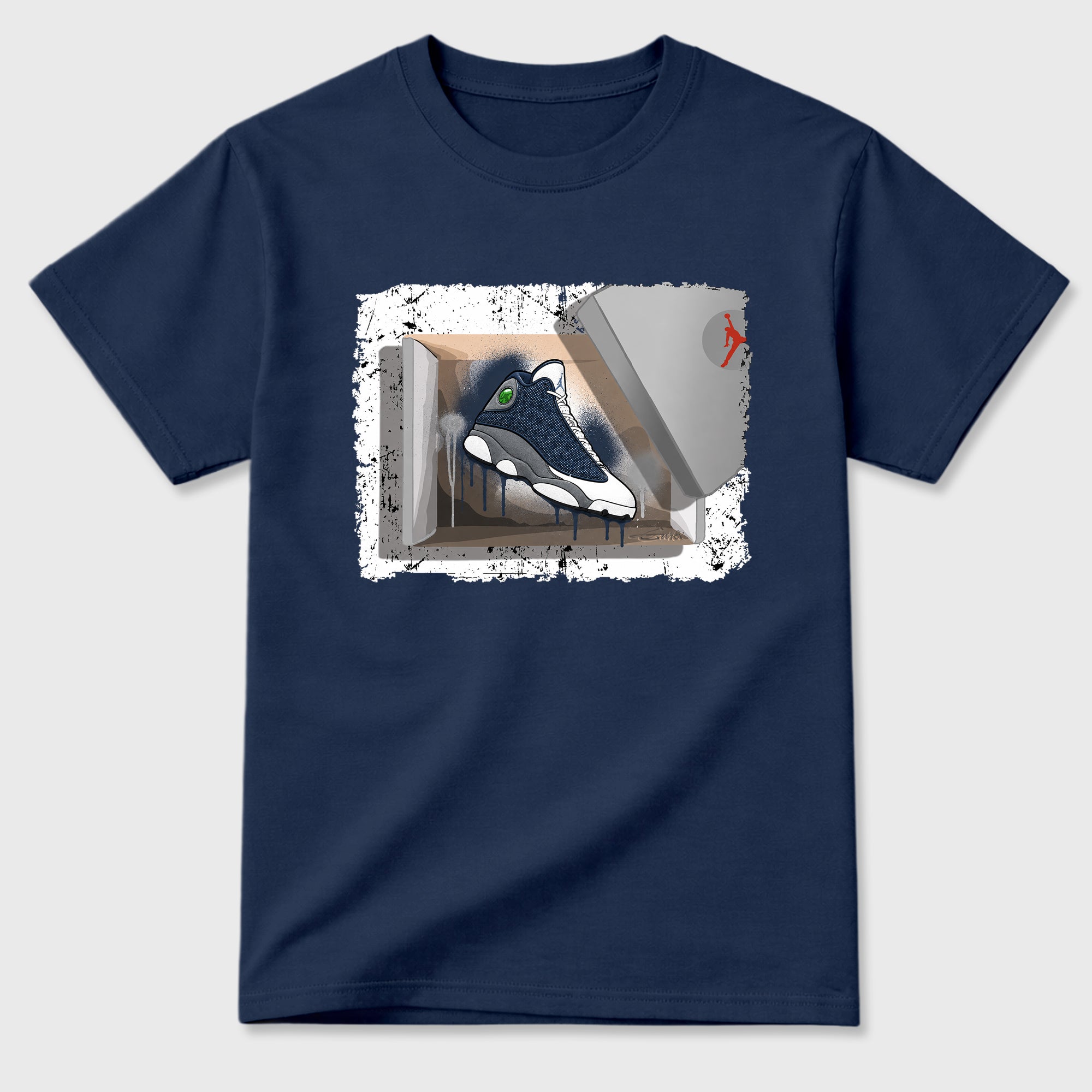 New Kicks Graphic T-Shirt featuring original streetwear artwork designed to match the Air Jordan 13 Flint. Navy 2 Graphic T-Shirt.