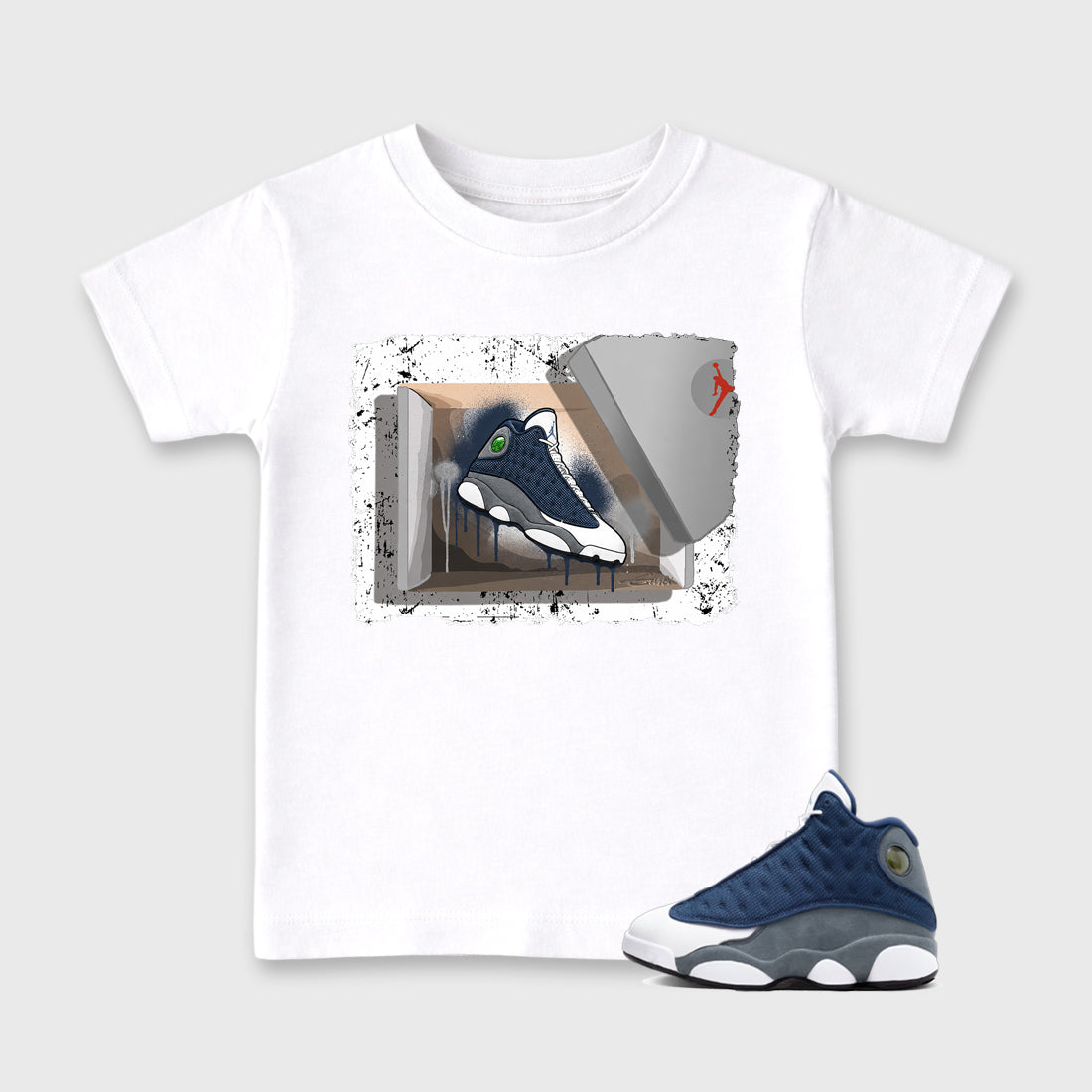 New Kicks Baby & Kids Graphic T-Shirt featuring original artwork designed to match the Air Jordan 13 Flint. White 1 Kids Graphic Tee.