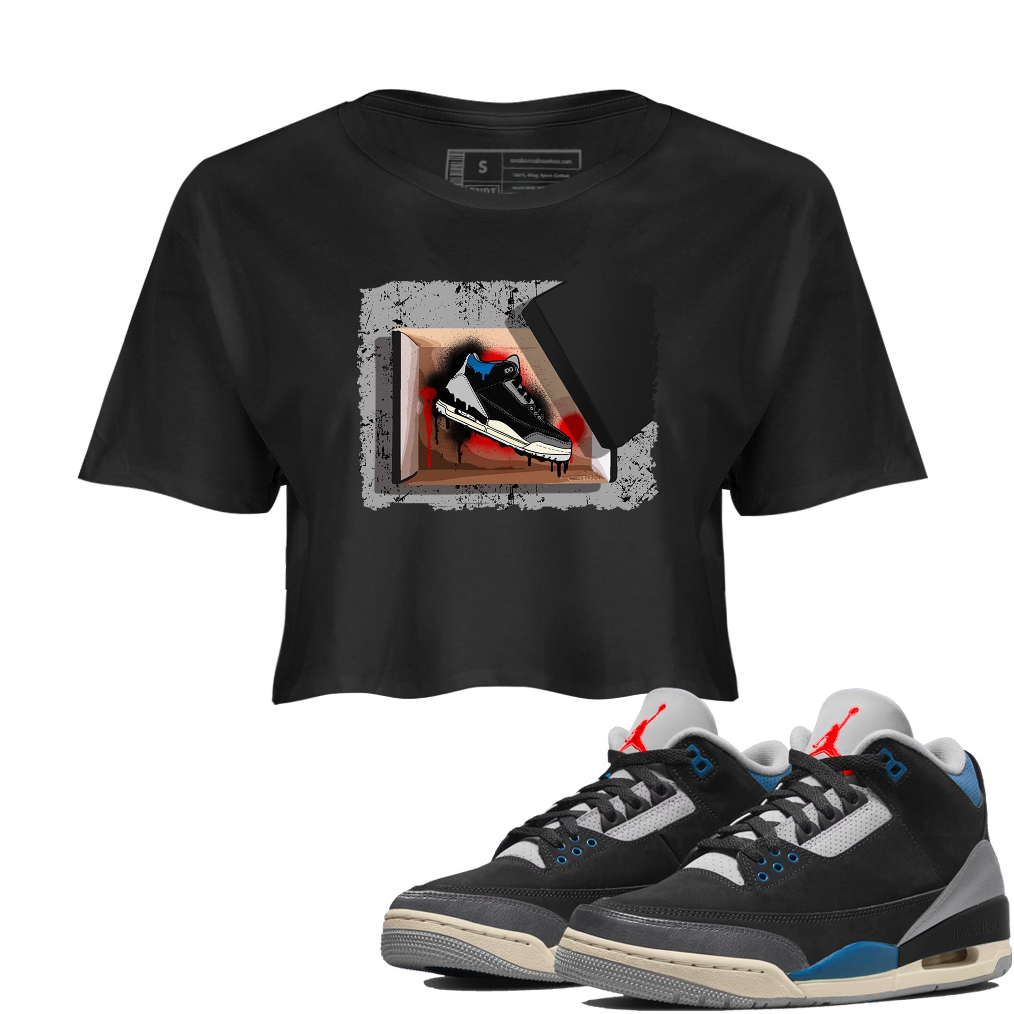 New Kicks womens crop tee made to vibe with the Air Jordan 3 Rare Air sneakers — the perfect match in Black 1.