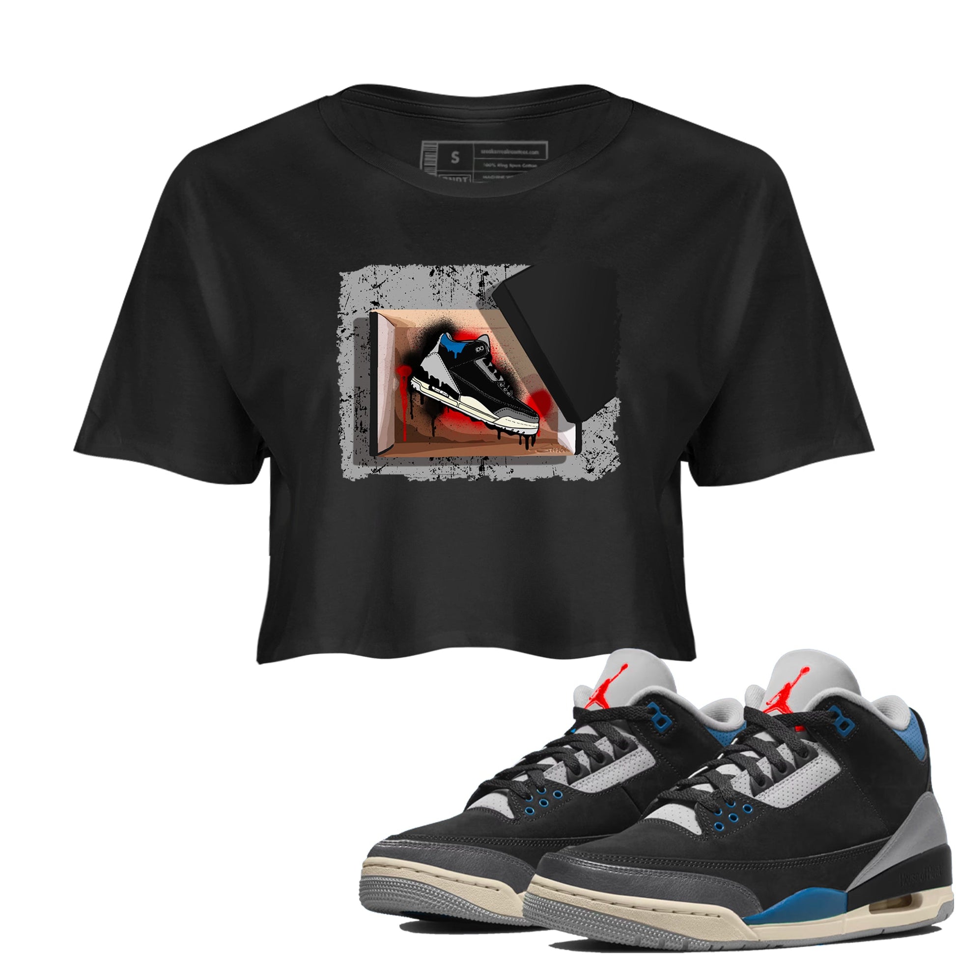 New Kicks womens crop tee made to vibe with the Air Jordan 3 Rare Air sneakers — the perfect match in Black 1.
