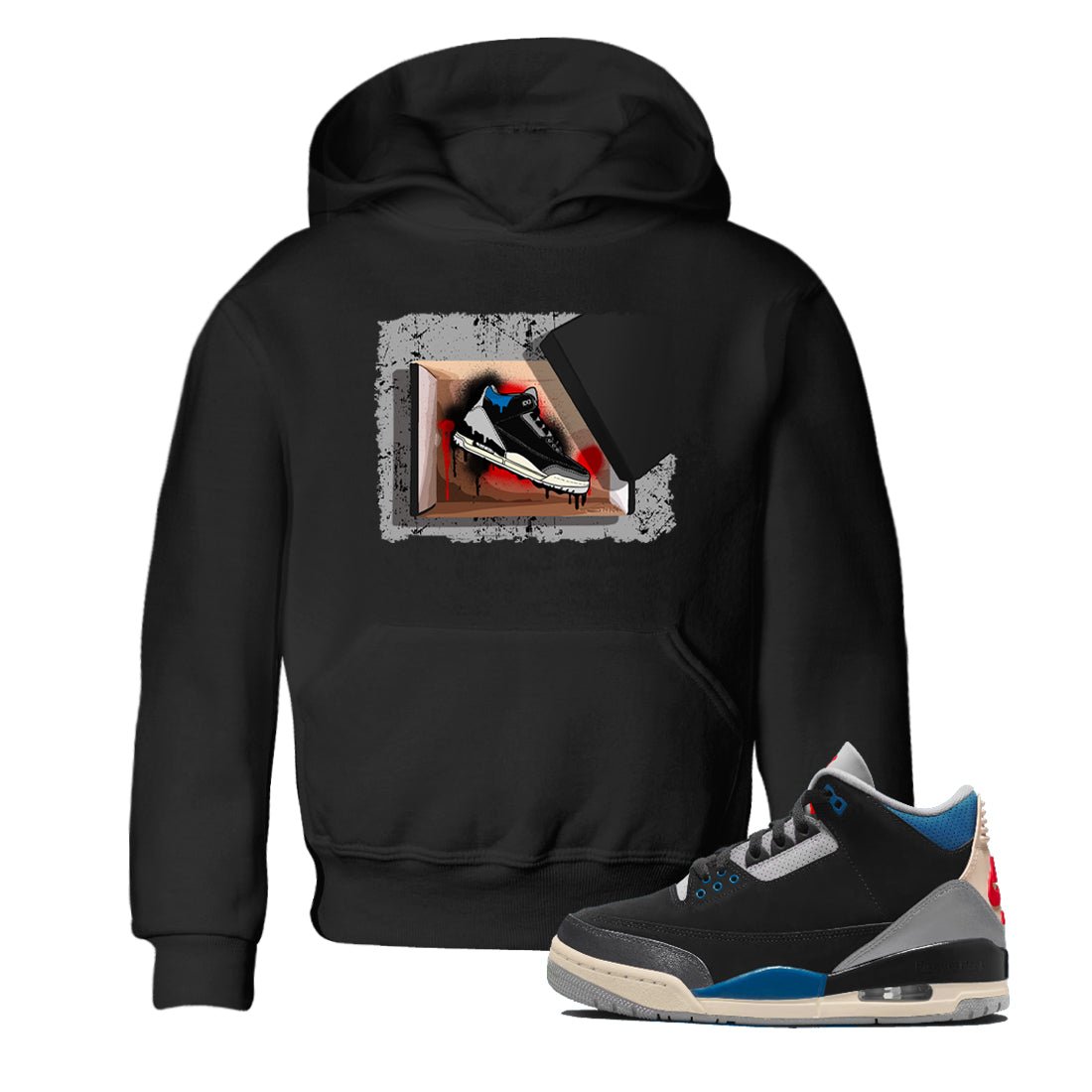 New Kicks baby and kids t-shirt crafted for little sneakerheads to shine with the Air Jordan 3 Rare Air sneakers, displayed in Black 1.