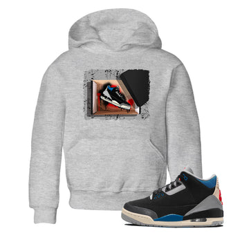 New Kicks baby and kids t-shirt crafted for little sneakerheads to shine with the Air Jordan 3 Rare Air sneakers, displayed in Heather Grey 1.