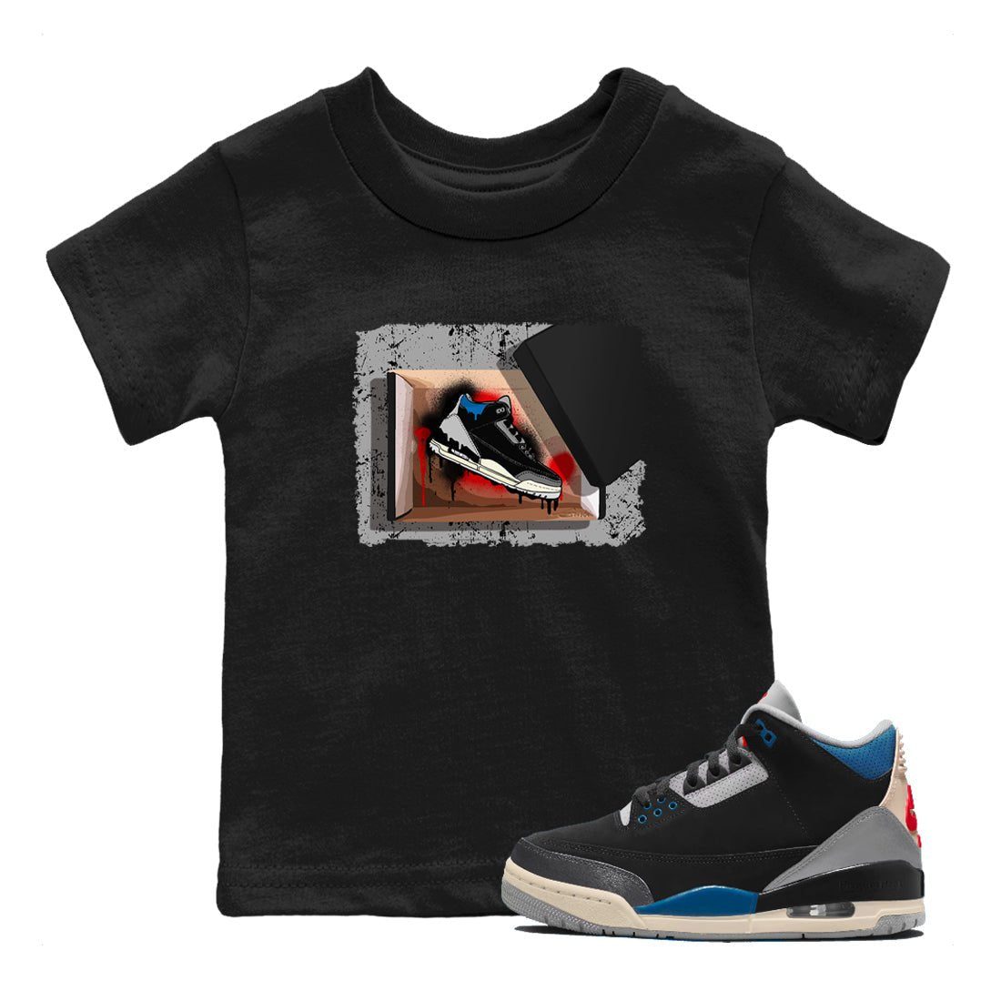 New Kicks baby and kids t-shirt crafted for little sneakerheads to shine with the Air Jordan 3 Rare Air sneakers, displayed in Black 1.