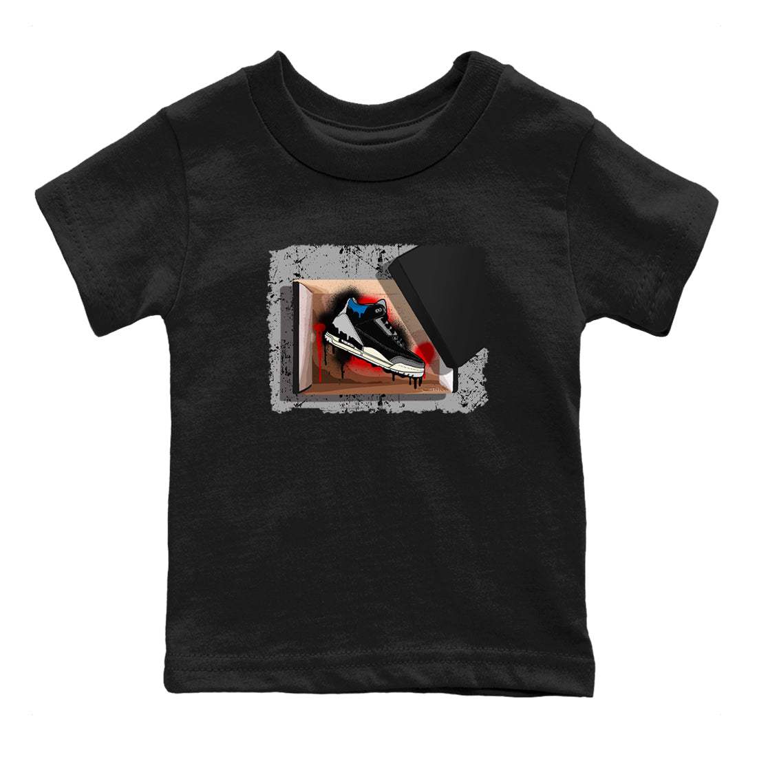 New Kicks baby and kids t-shirt crafted for little sneakerheads to shine with the Air Jordan 3 Rare Air sneakers, displayed in Black 2.