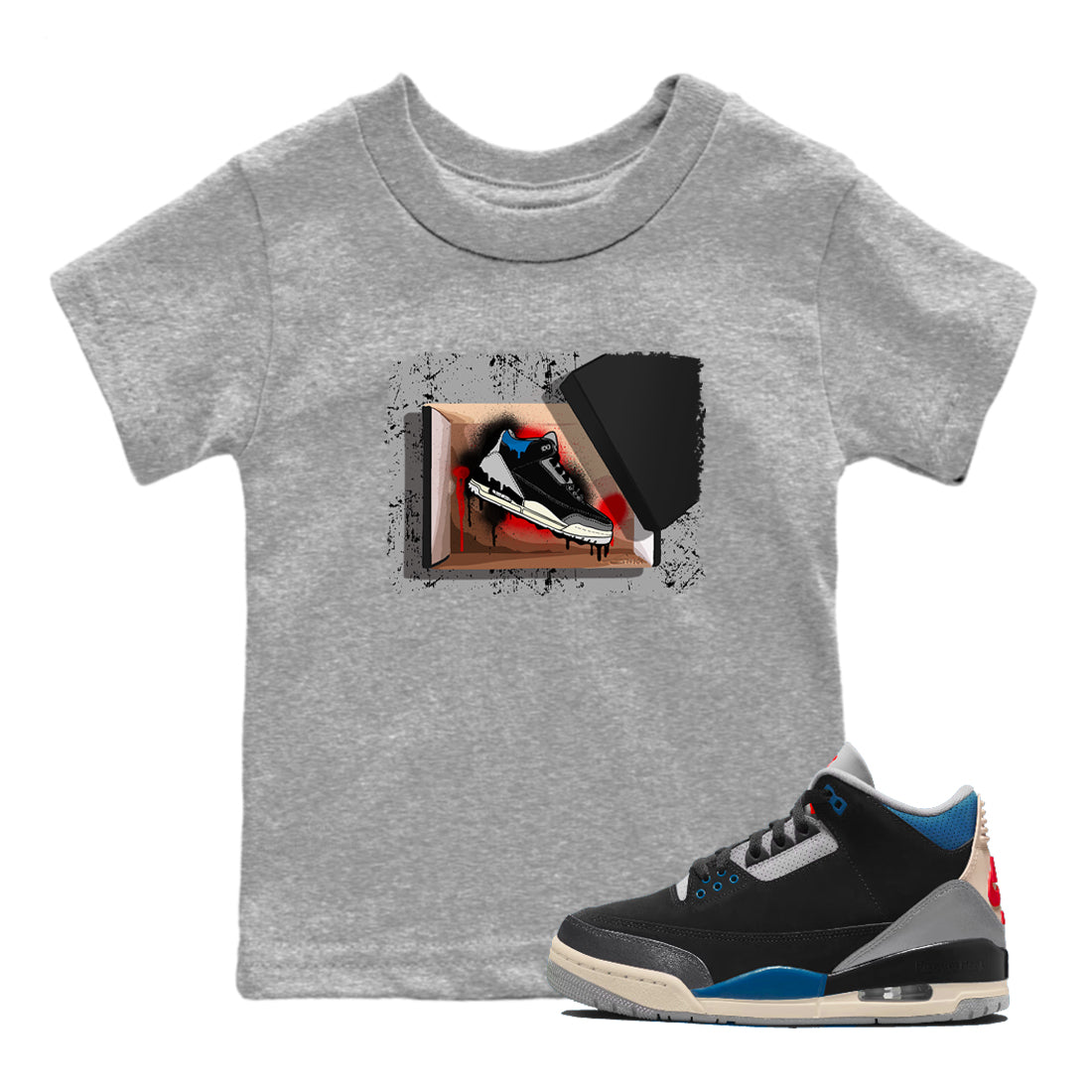 New Kicks baby and kids t-shirt crafted for little sneakerheads to shine with the Air Jordan 3 Rare Air sneakers, displayed in Heather Grey 1.