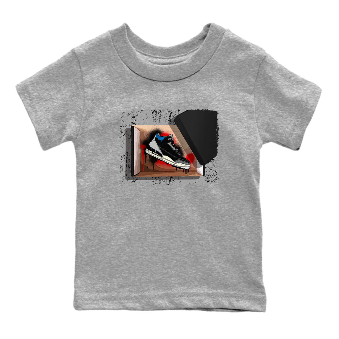 New Kicks baby and kids t-shirt crafted for little sneakerheads to shine with the Air Jordan 3 Rare Air sneakers, displayed in Heather Grey 2.