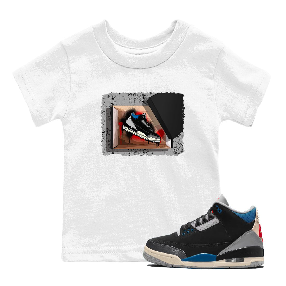 New Kicks baby and kids t-shirt crafted for little sneakerheads to shine with the Air Jordan 3 Rare Air sneakers, displayed in White 1.