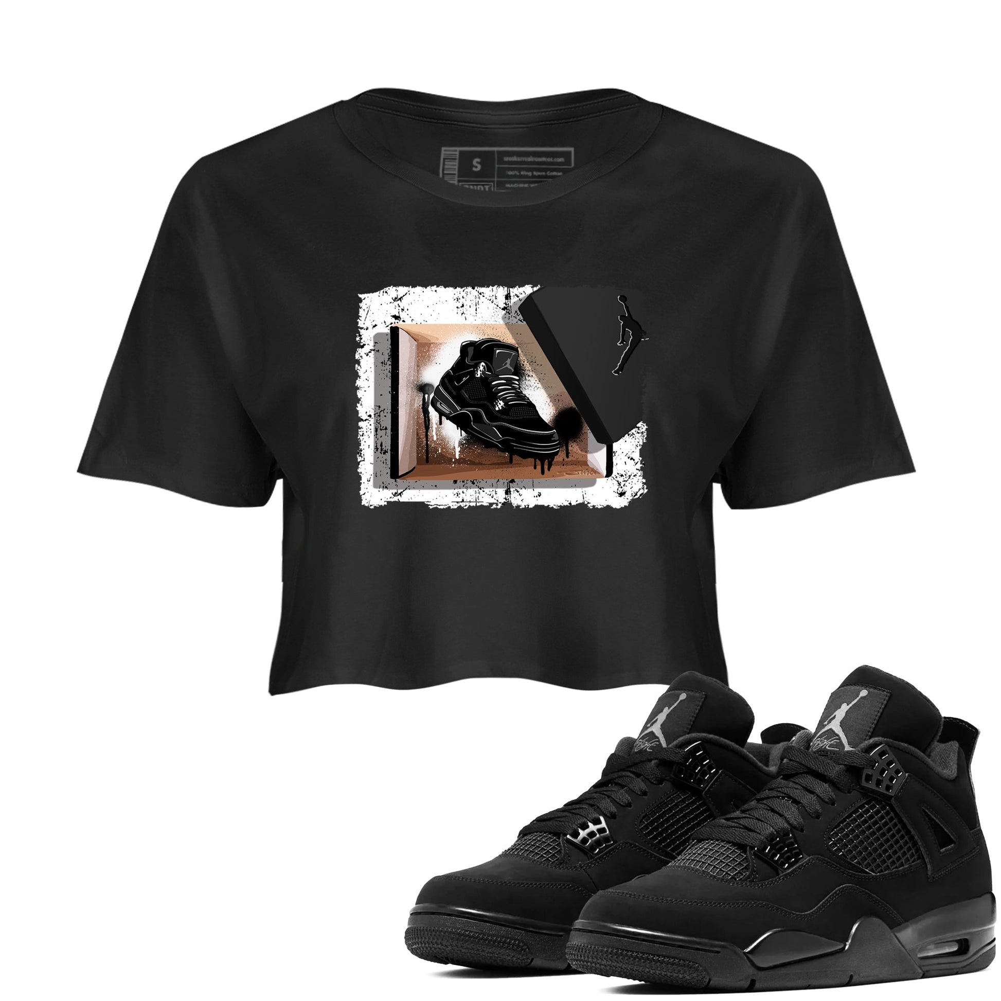 Sneaker match tees – Sneaker Tees To Match Air Jordan 4 Black Cat Shoes – New Kicks Crop T-Shirt Black 1