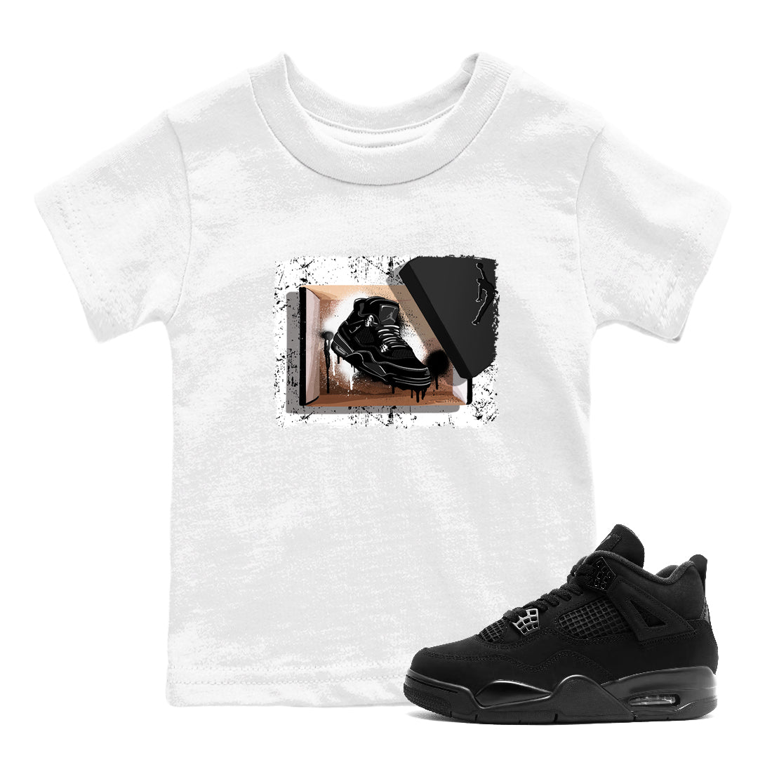 Sneaker match tees – Sneaker Tees To Match Air Jordan 4 Black Cat Shoes – New Kicks Kids T-Shirt White 1
