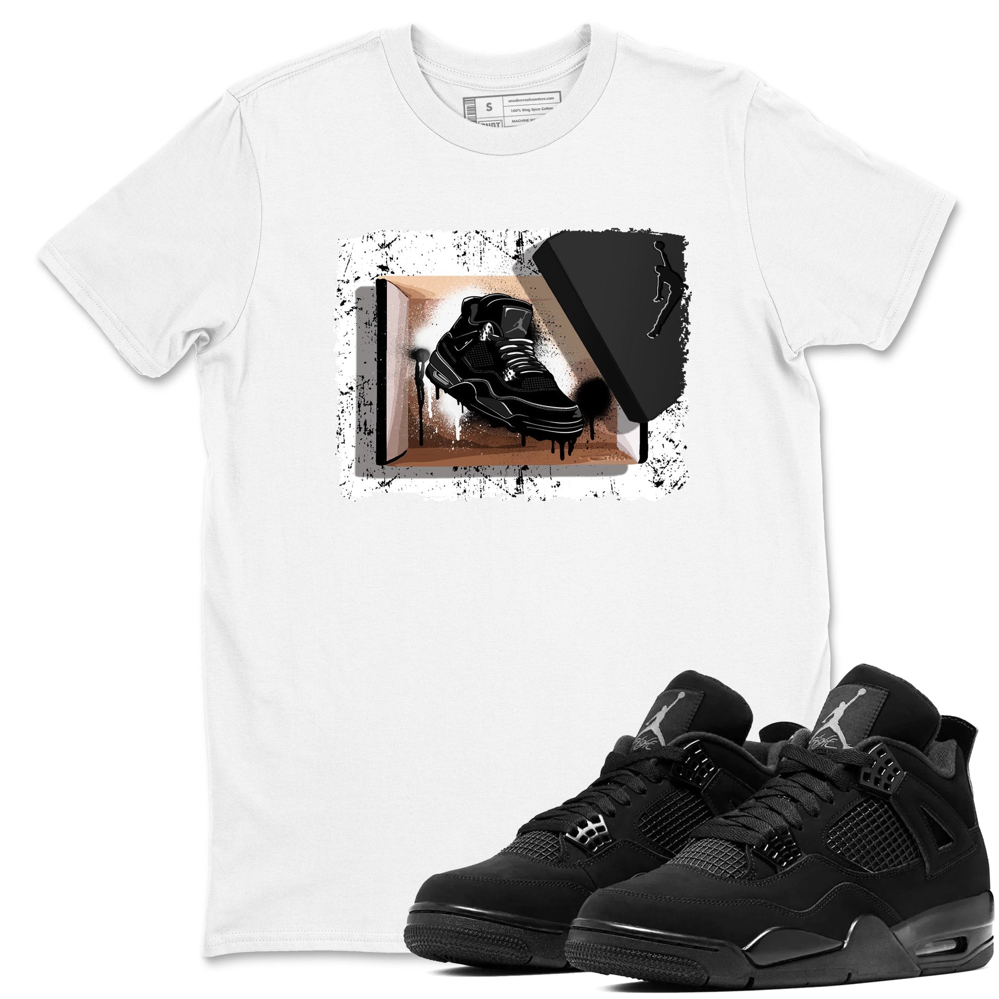Sneaker match tees – Sneaker Tees To Match Air Jordan 4 Black Cat Shoes – New Kicks Tee White 1