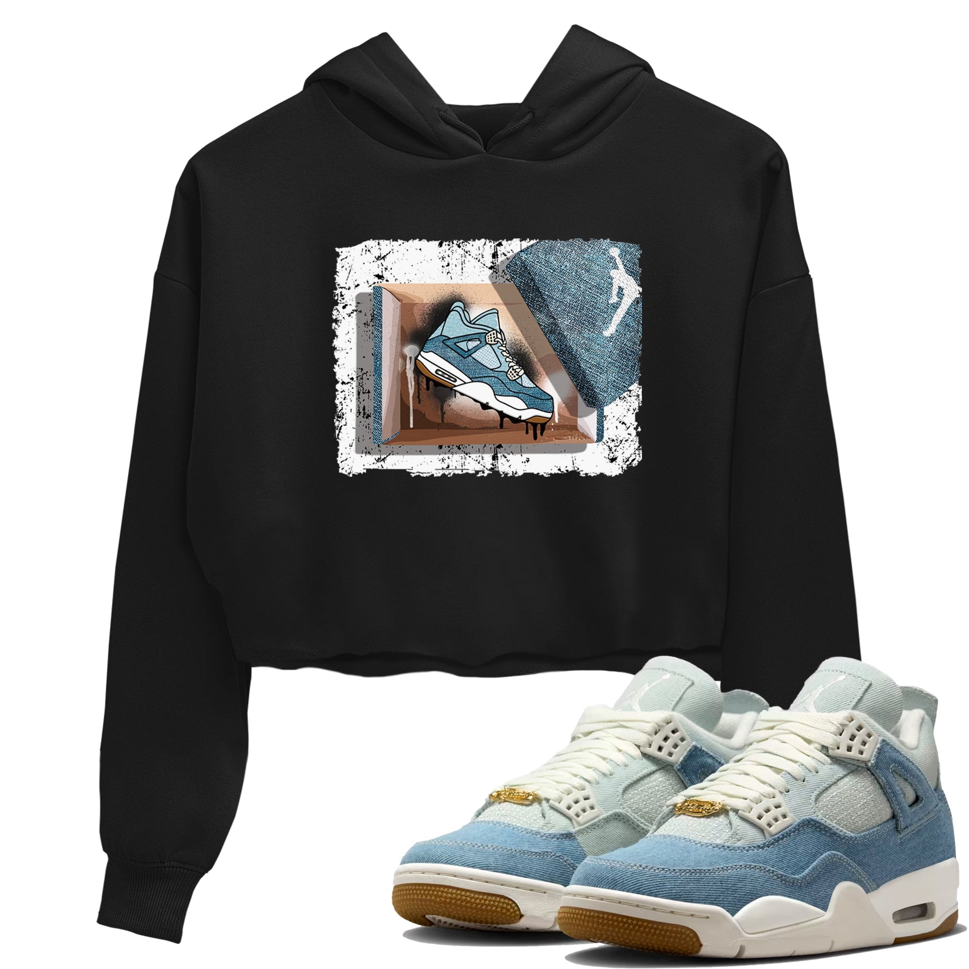 Sneaker match tees – Sneaker Tees To Match 4s Worn Blue Air Jordan 4 Denim Shoes – New Kicks Crop T-Shirt Black 1