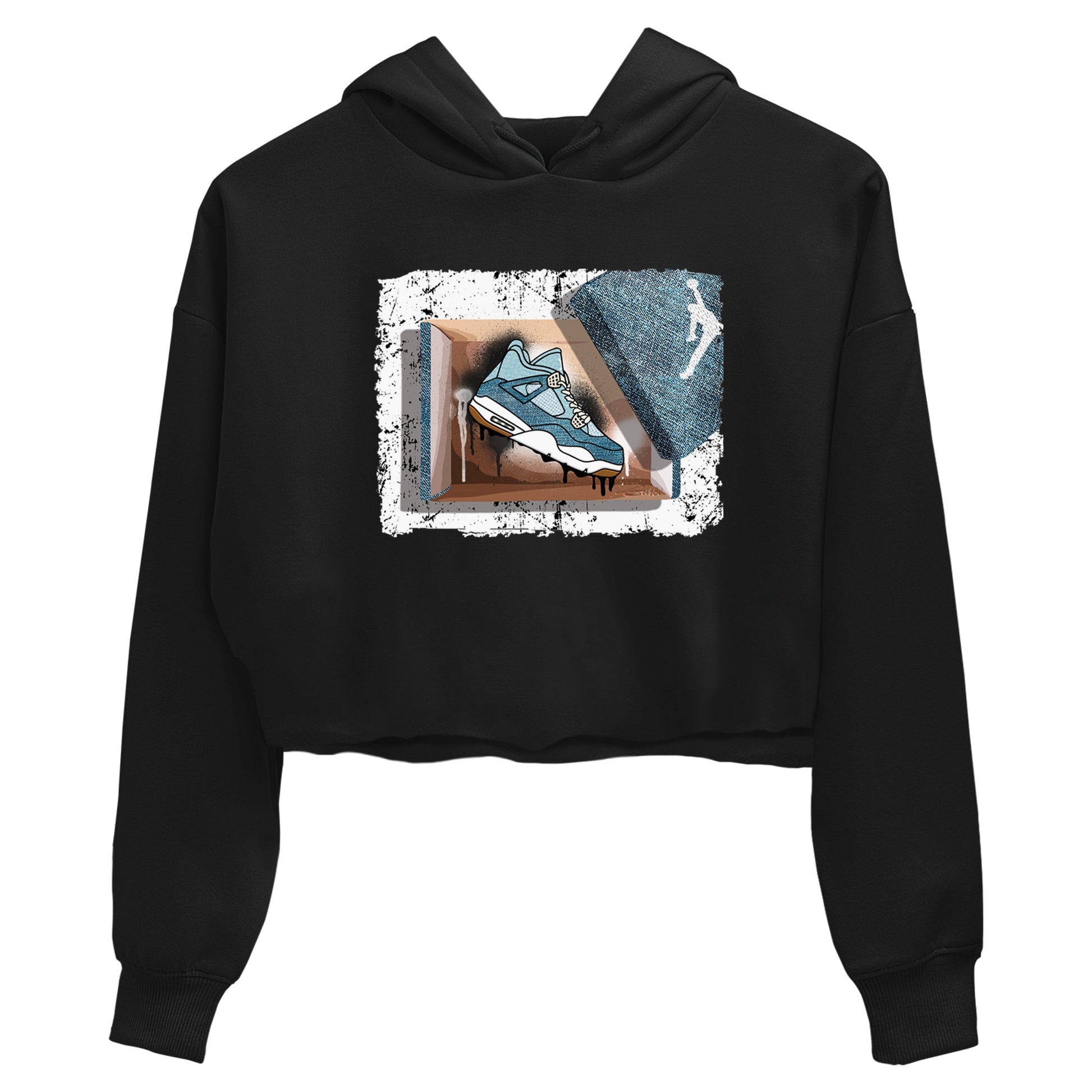 Sneaker match tees – Sneaker Tees To Match 4s Worn Blue Air Jordan 4 Denim Shoes – New Kicks Crop T-Shirt Black 2