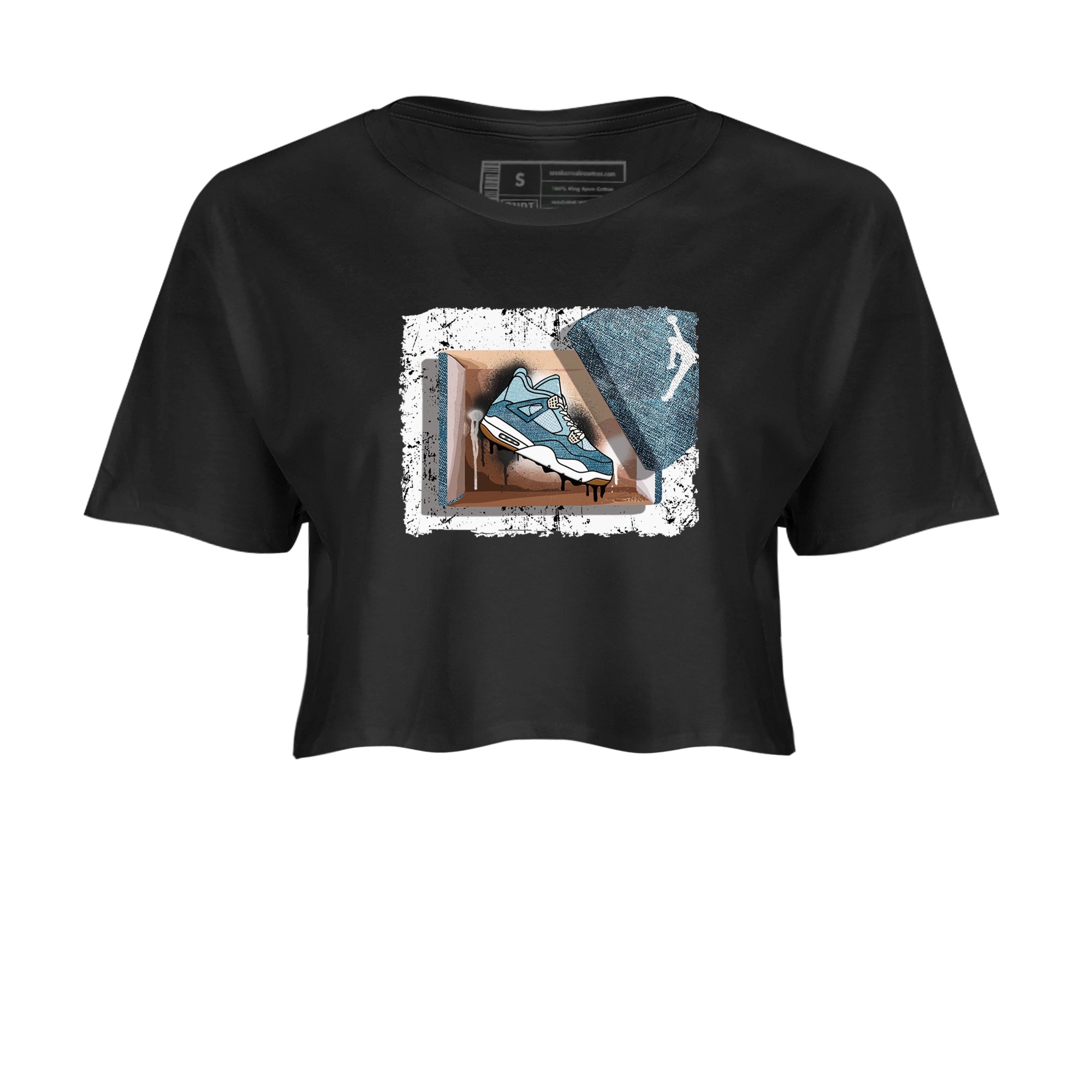 Sneaker match tees – Sneaker Tees To Match 4s Worn Blue Air Jordan 4 Denim Shoes – New Kicks Crop T-Shirt Black 2