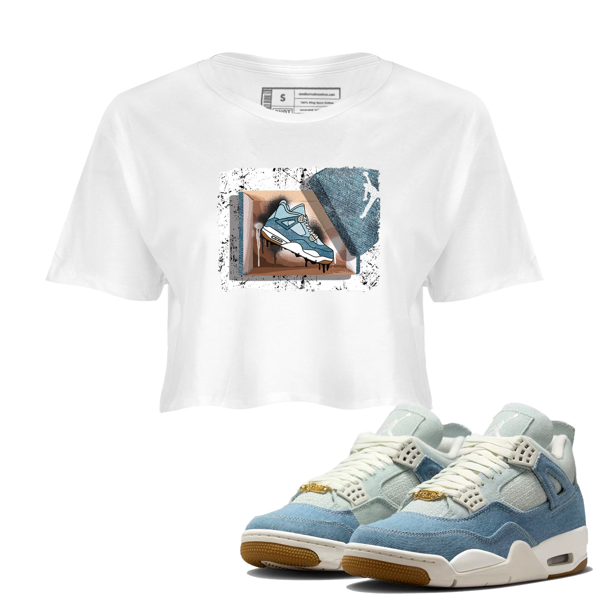 Sneaker match tees – Sneaker Tees To Match 4s Worn Blue Air Jordan 4 Denim Shoes – New Kicks Crop T-Shirt White 1
