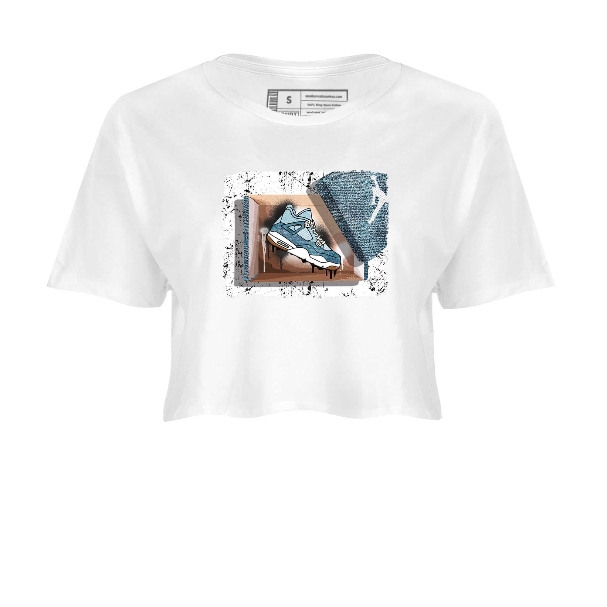 Sneaker match tees – Sneaker Tees To Match 4s Worn Blue Air Jordan 4 Denim Shoes – New Kicks Crop T-Shirt White 2