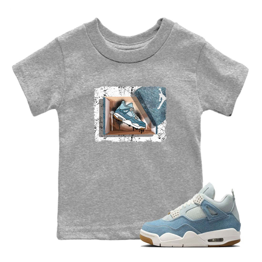 Sneaker match tees – Sneaker Tees To Match 4s Worn Blue Air Jordan 4 Denim Shoes – New Kicks Kids T-Shirt Heather Grey 1