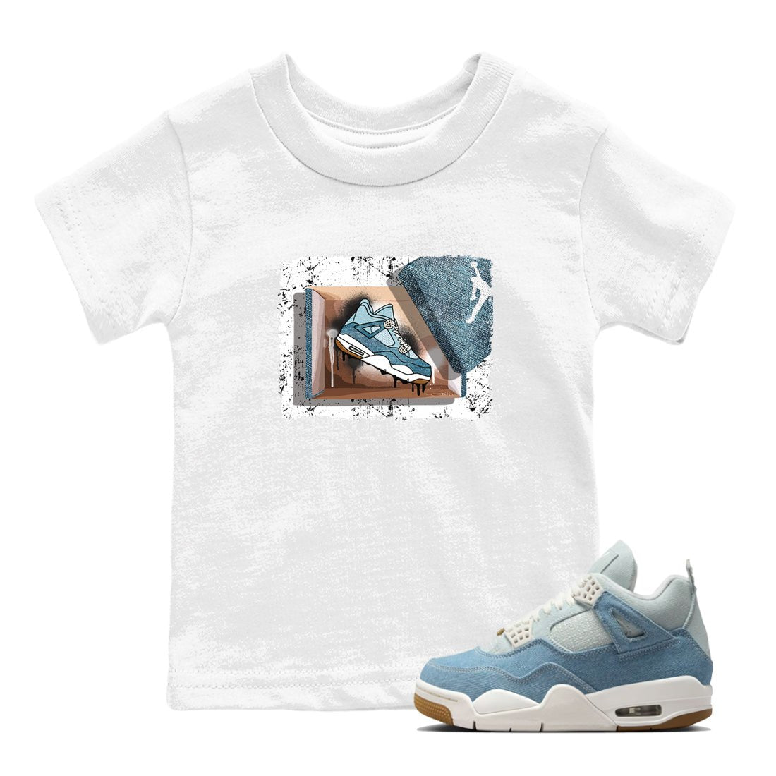 Sneaker match tees – Sneaker Tees To Match 4s Worn Blue Air Jordan 4 Denim Shoes – New Kicks Kids T-Shirt White 1