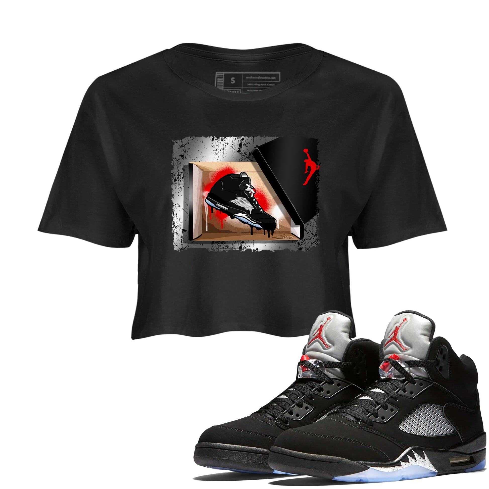 AJ5 Reimagined shirts to match jordans New Kicks best t shirts to wear with jordans Air Jordan 5 Retro OG Reimagined match shoes to clothes SNRT Sneaker Tees unisex cotton Black 1 crop tee