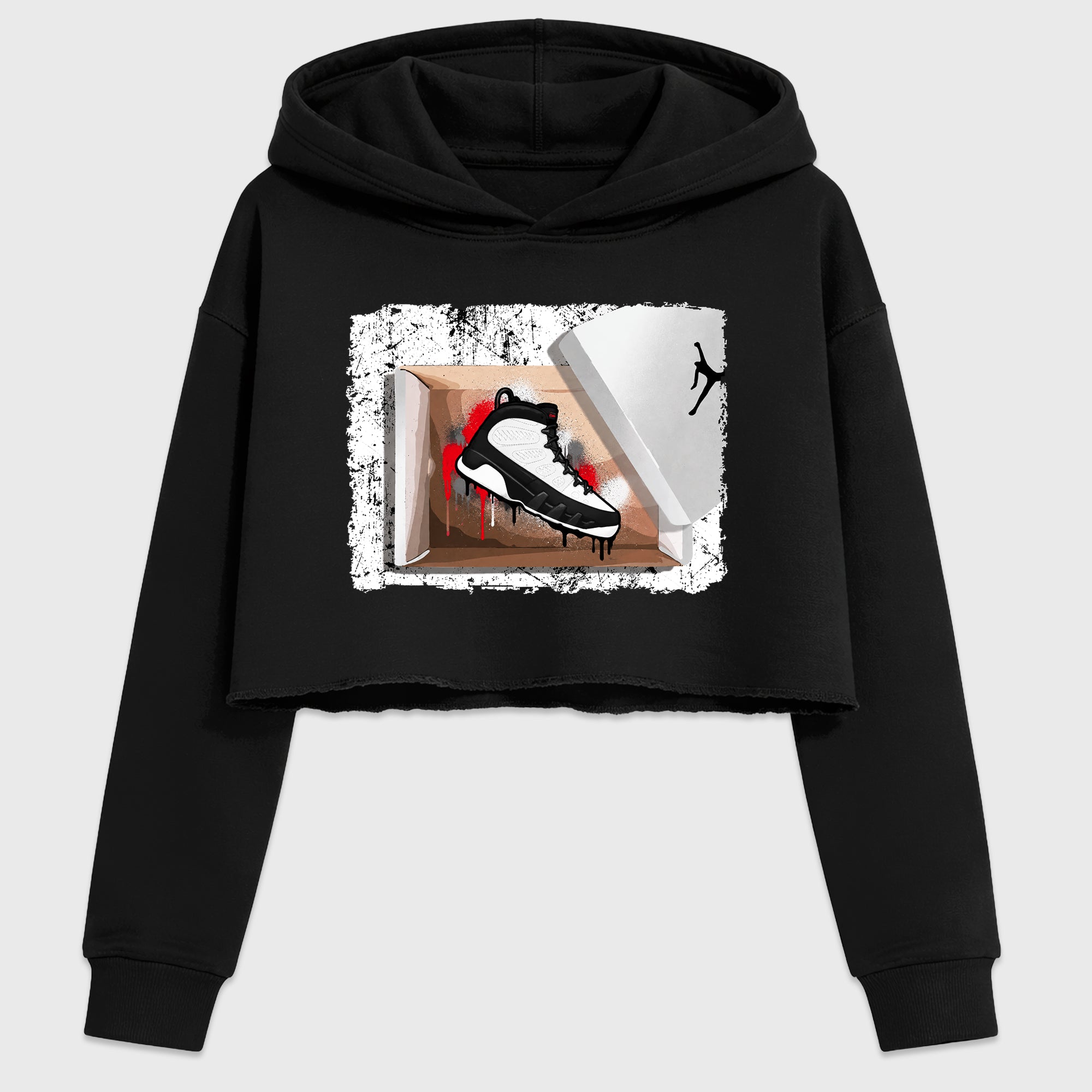 New Kicks Women’s Graphic Crop Tee featuring original streetwear artwork designed to match the Air Jordan 9 True Red. Black 2 Crop Tee.