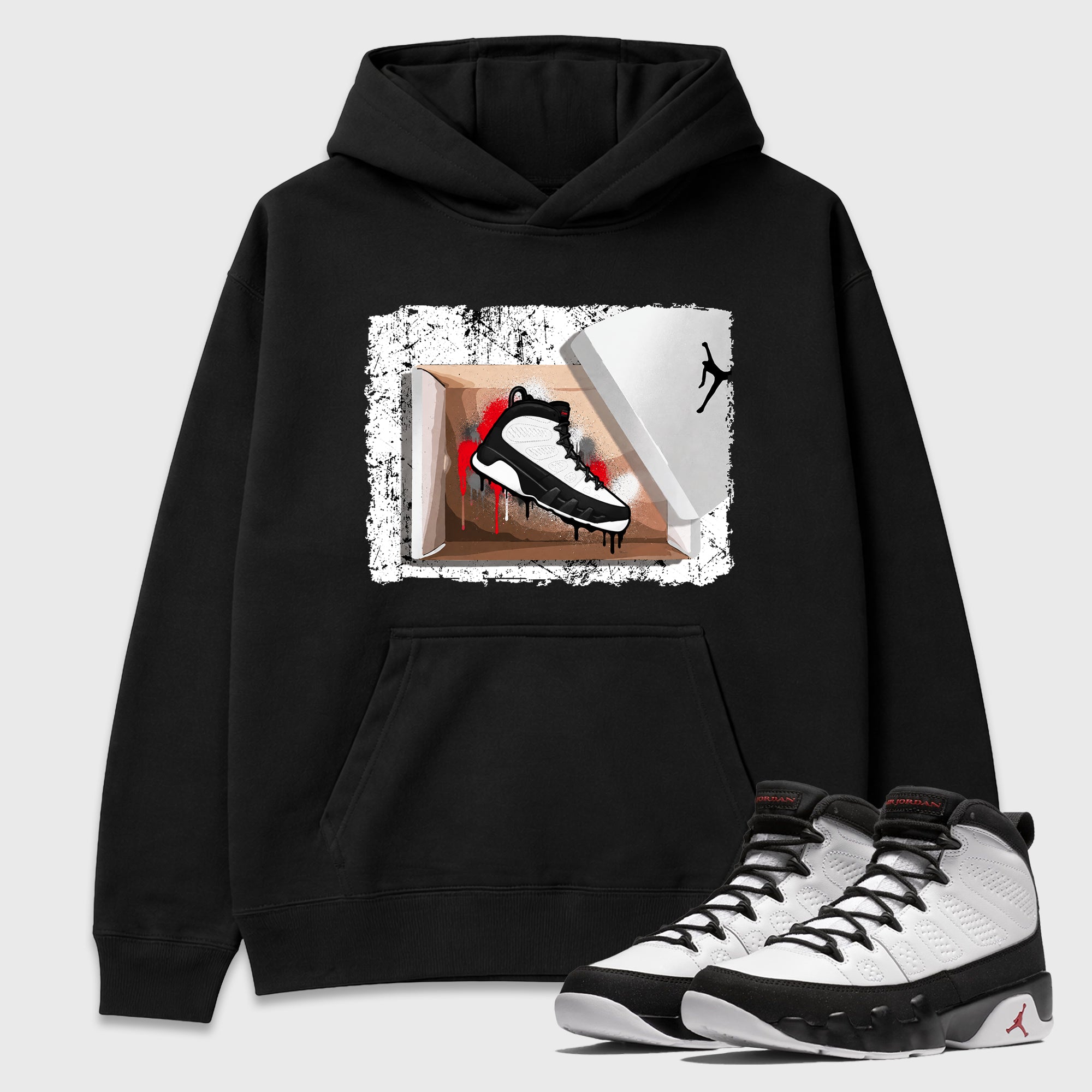 New Kicks Graphic T-Shirt featuring original streetwear artwork designed to match the Air Jordan 9 True Red. Black 1 Graphic Tee.