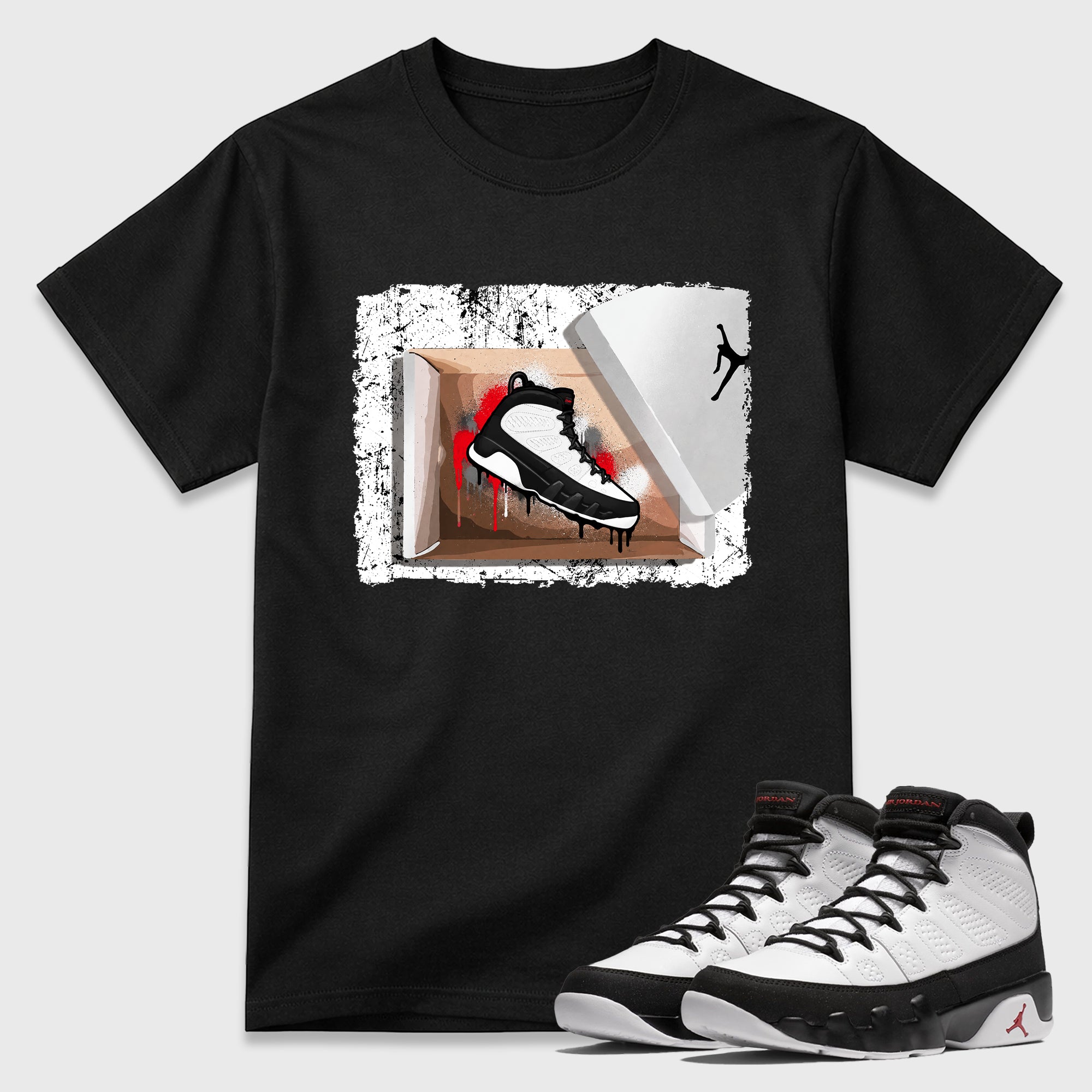 New Kicks Graphic T-Shirt featuring original streetwear artwork designed to match the Air Jordan 9 True Red. Black 1 Graphic T-Shirt.