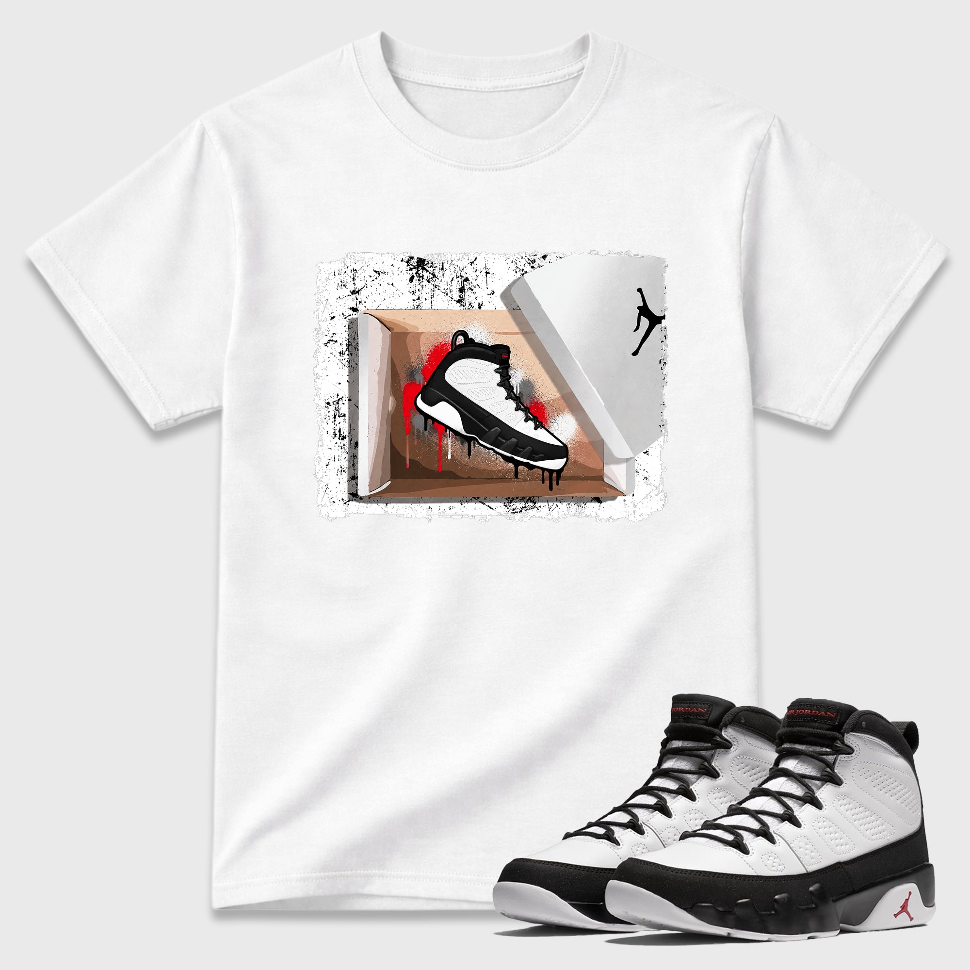 New Kicks Graphic T-Shirt featuring original streetwear artwork designed to match the Air Jordan 9 True Red. White 1 Graphic T-Shirt.