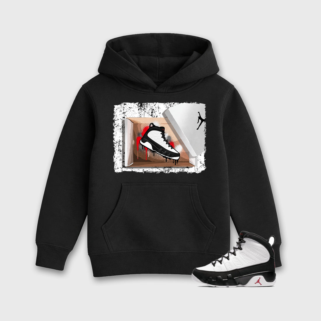 New Kicks Baby & Kids Graphic Hoodie featuring original artwork designed to match the Air Jordan 9 True Red. Black 1 Kids Graphic Sweater.