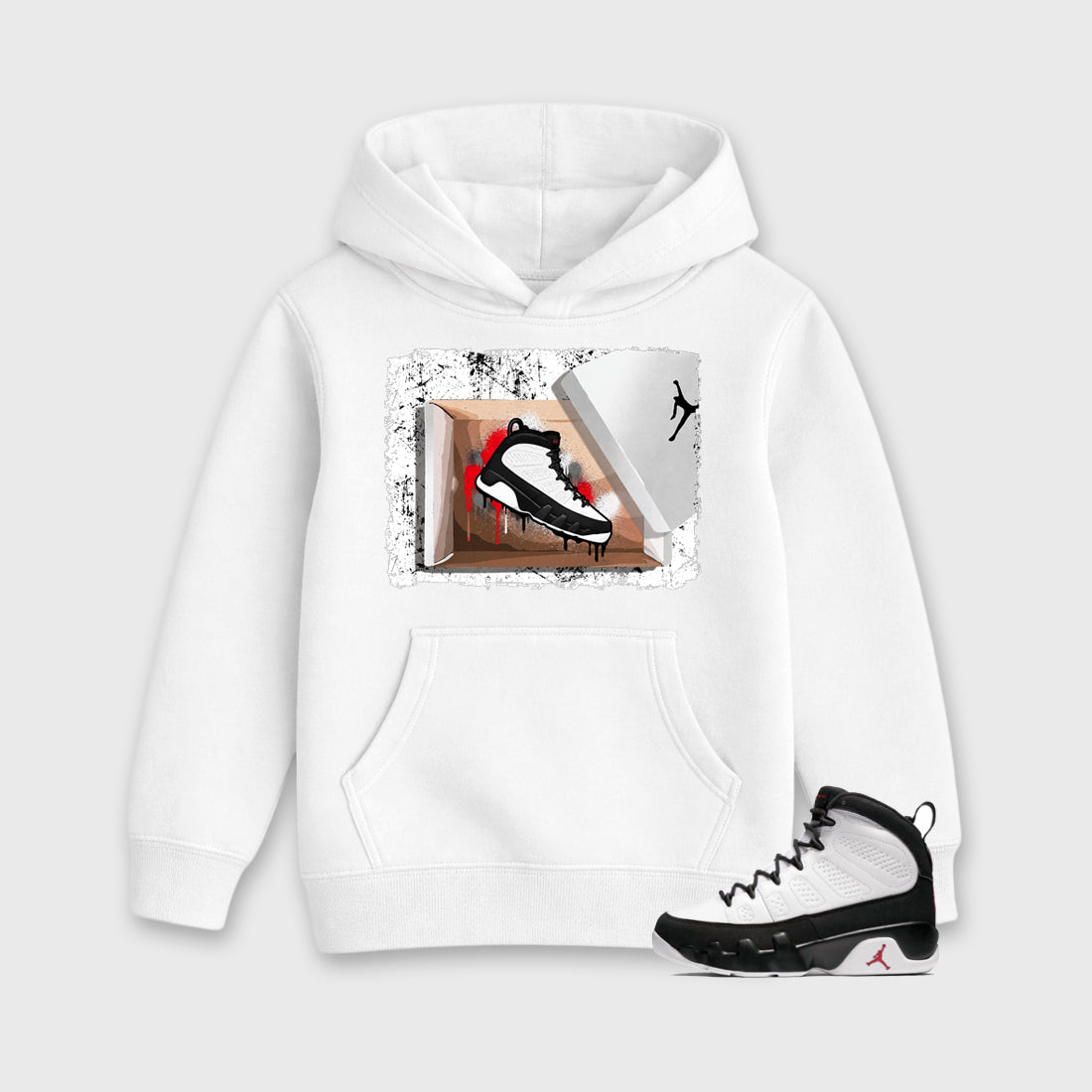 New Kicks Baby & Kids Graphic Hoodie featuring original artwork designed to match the Air Jordan 9 True Red. White 1 Kids Graphic Sweater.