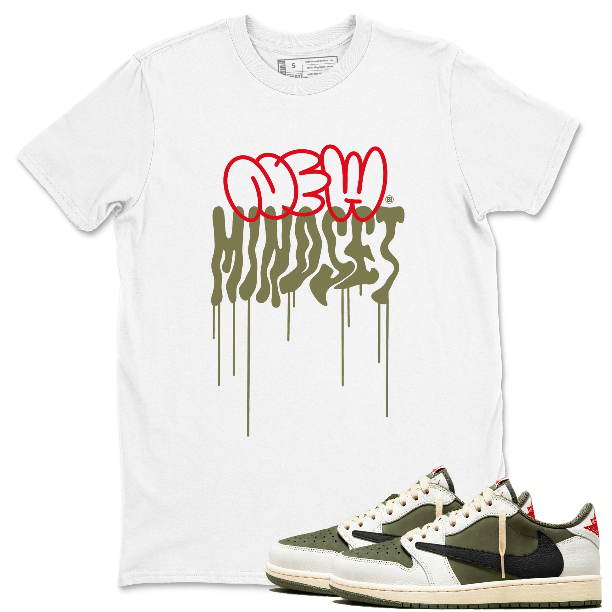 New Mindset SNRT Sneaker Tees - Air Jordan 1 Travis Scott Medium Olive - SNRT Sneaker T-shirts