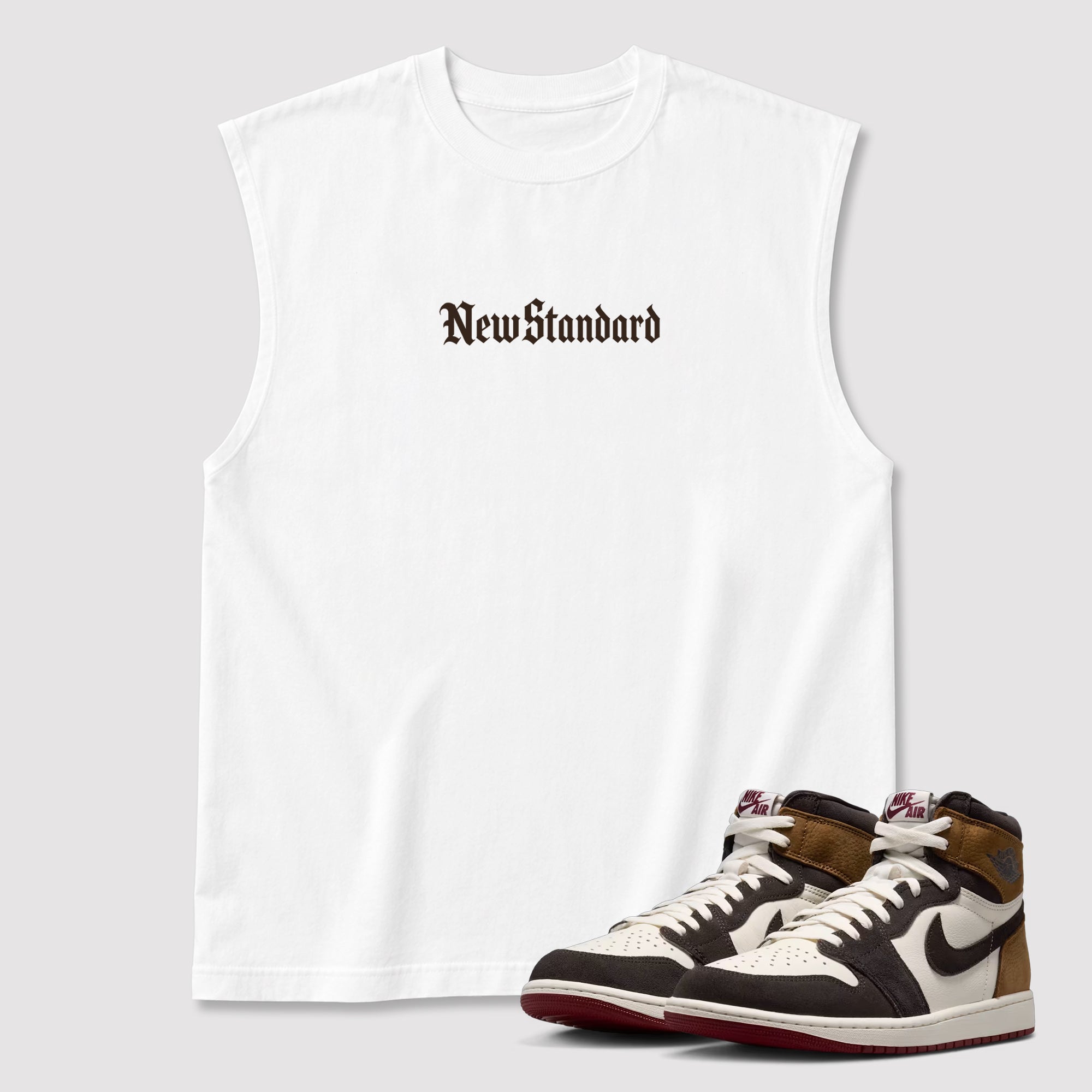 New Standard men's graphic muscle t-shirt designed to match the Air Jordan 1 Love Letter, featuring coordinated White 2 graphics for the perfect streetwear look.