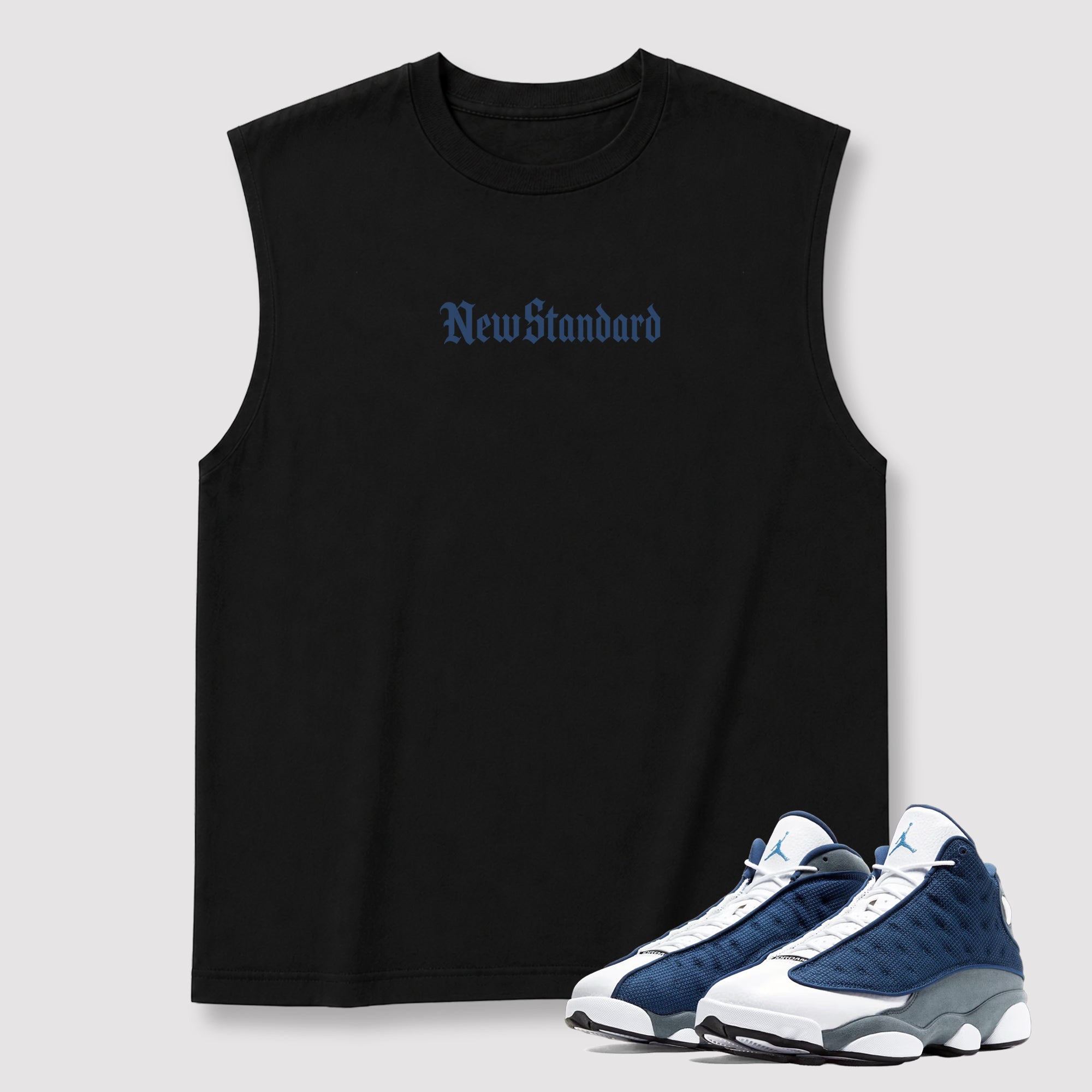 New Standard men's graphic muscle t-shirt designed to match the Air Jordan 13 Flint, featuring coordinated Black 2 graphics for the perfect streetwear look.