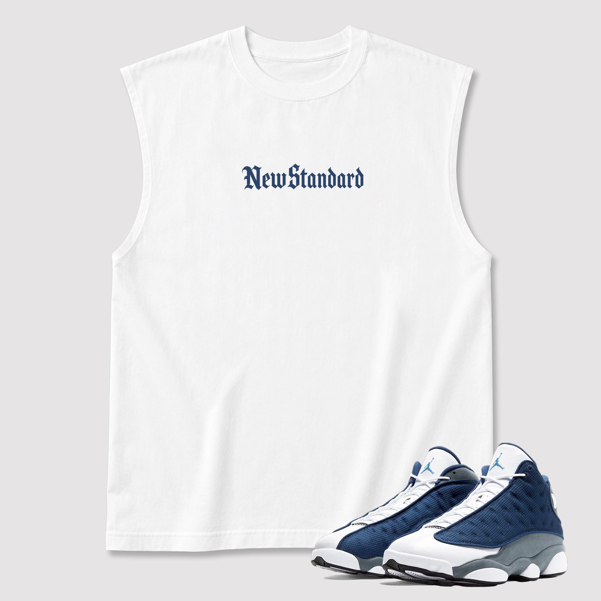 New Standard men's graphic muscle t-shirt designed to match the Air Jordan 13 Flint, featuring coordinated White 2 graphics for the perfect streetwear look.