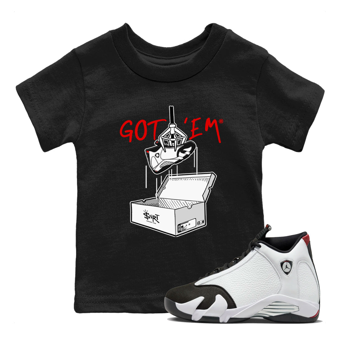 Air Jordan 14 Black Toe t shirts to match sneakers New Treasure Hunter sneaker match tees 14s Black Toe sneaker match tee SNRT Sneaker Tees Youth Baby Black 1 tee