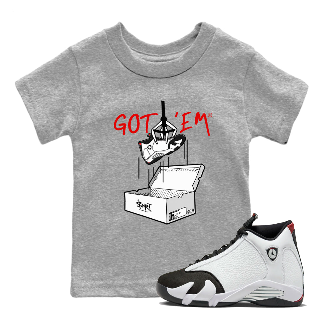 Air Jordan 14 Black Toe t shirts to match sneakers New Treasure Hunter sneaker match tees 14s Black Toe sneaker match tee SNRT Sneaker Tees Youth Baby Heather Grey 1 tee