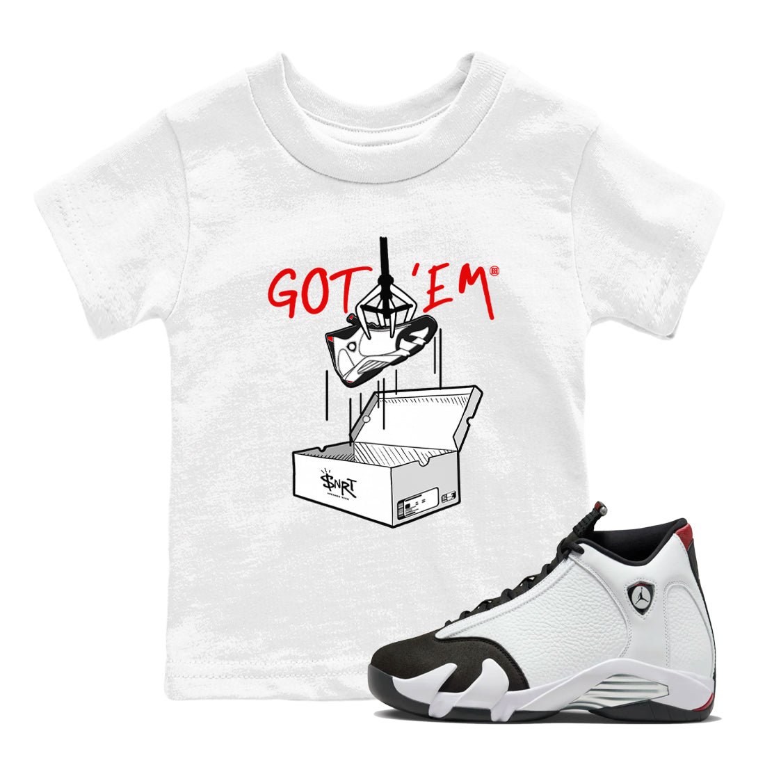 Air Jordan 14 Black Toe t shirts to match sneakers New Treasure Hunter sneaker match tees 14s Black Toe sneaker match tee SNRT Sneaker Tees Youth Baby White 1 tee