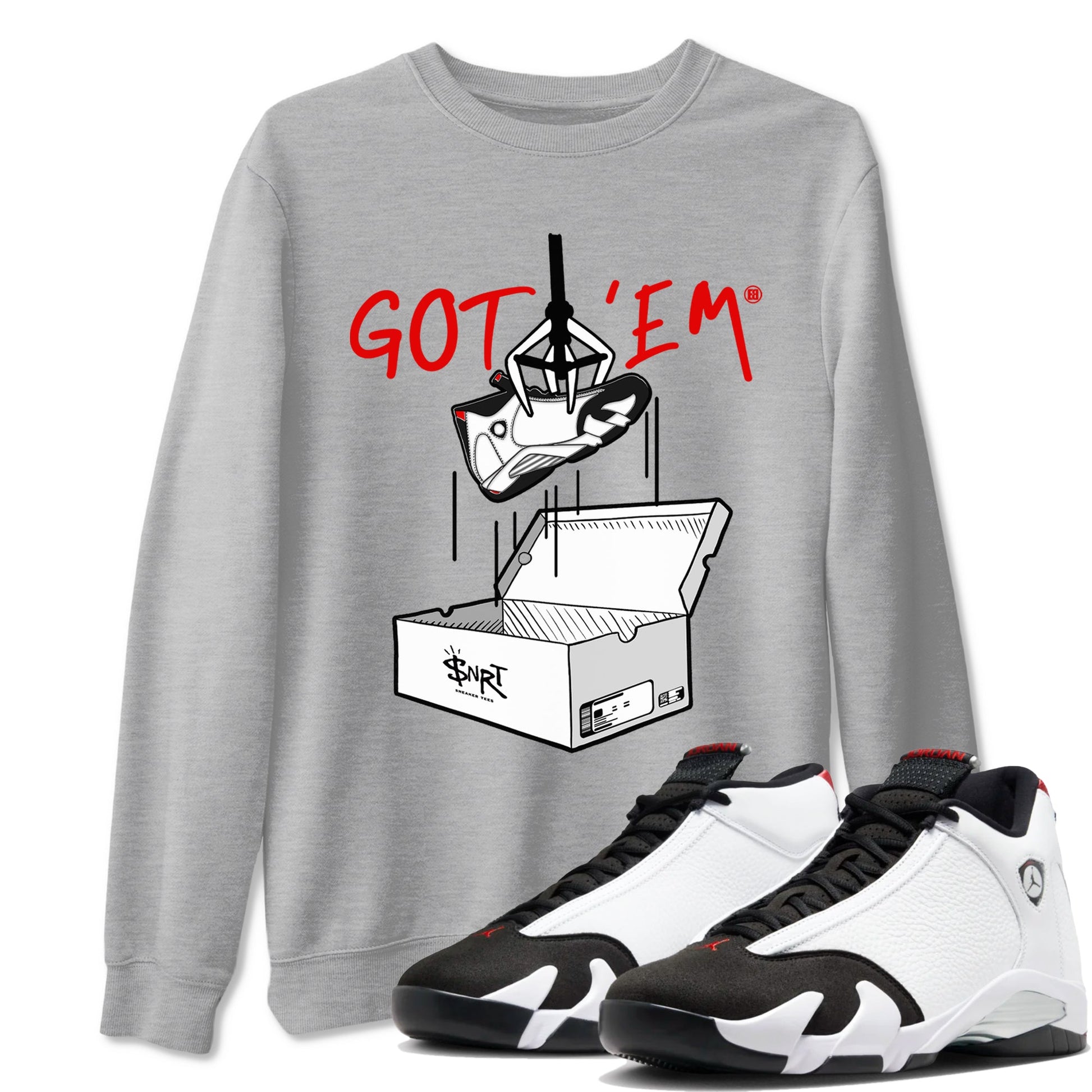 Air Jordan 14 Black Toe t shirts to match sneakers New Treasure Hunter sneaker match tees 14s Black Toe sneaker match tee SNRT Sneaker Tees unisex cotton Heather Grey 1 shirts