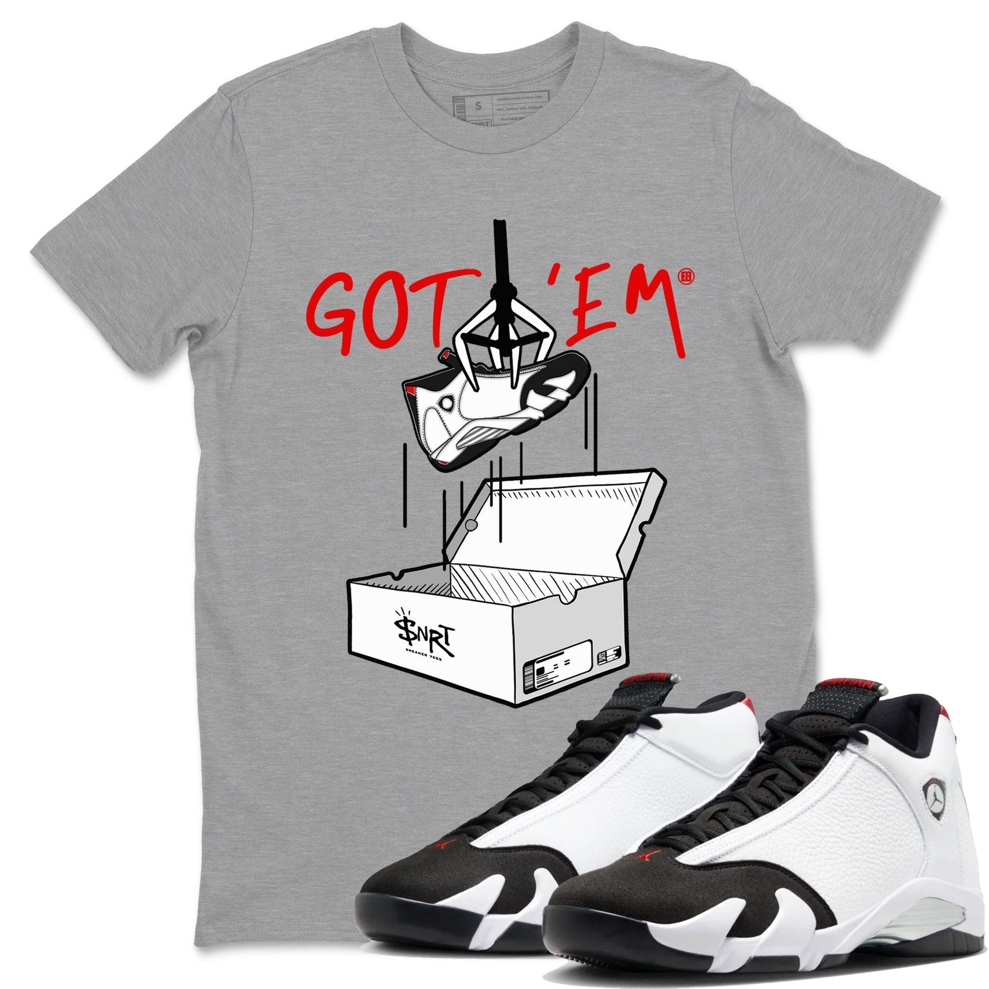 Air Jordan 14 Black Toe t shirts to match sneakers New Treasure Hunter sneaker match tees 14s Black Toe sneaker match tee SNRT Sneaker Tees unisex cotton Heather Grey 1 shirts
