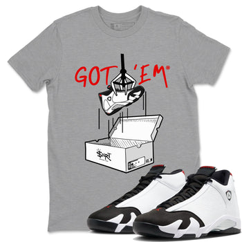 Air Jordan 14 Black Toe t shirts to match sneakers New Treasure Hunter sneaker match tees 14s Black Toe sneaker match tee SNRT Sneaker Tees unisex cotton Heather Grey 1 shirts