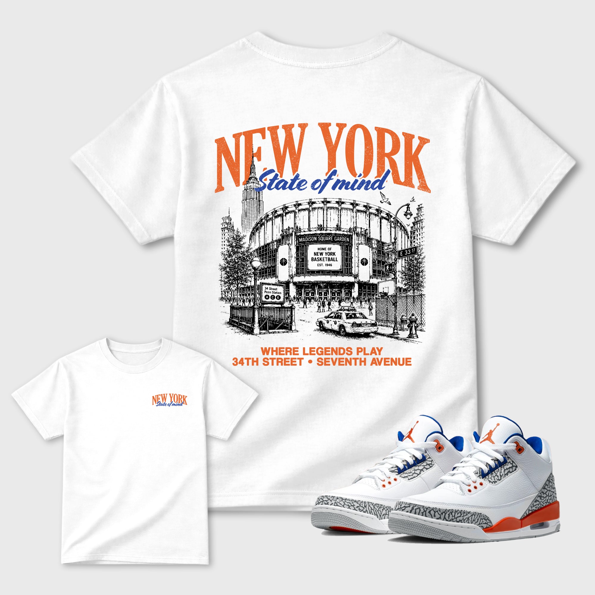 New York State of Mind Graphic T-Shirt sneaker match tee designed for the Air Jordan 3 Knicks sneakers, featuring coordinated color options for a perfect streetwear match. White shirt.