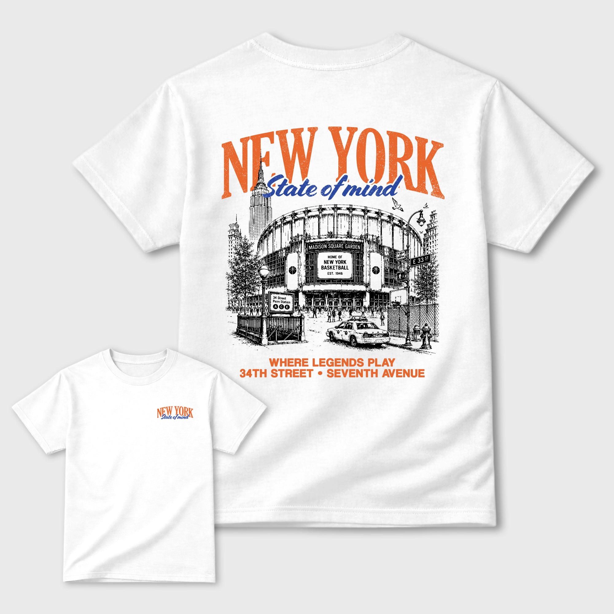 New York State of Mind Graphic T-Shirt sneaker match tee designed for the sneakers, featuring coordinated color options for a perfect streetwear match. White shirt.
