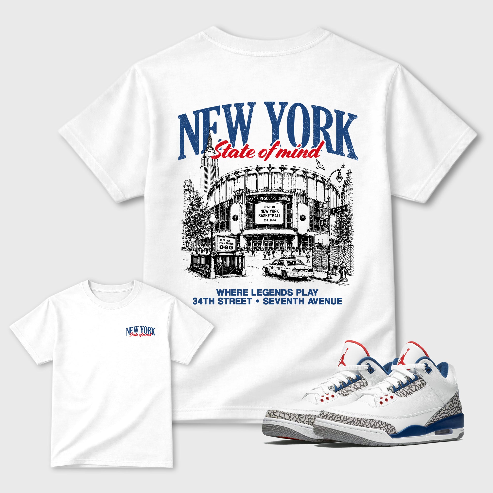 New York State of Mind Graphic T-Shirt sneaker match tee designed for the Air Jordan 3 True Blue sneakers, featuring coordinated color options for a perfect streetwear match. White shirt.