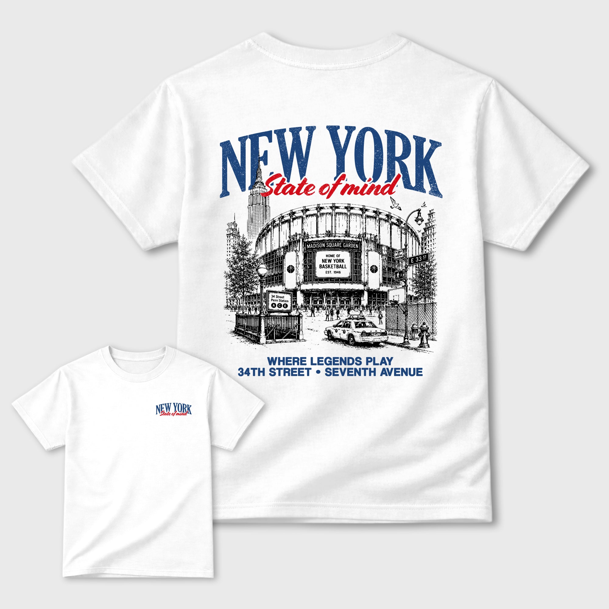 New York State of Mind Graphic T-Shirt sneaker match tee designed for the sneakers, featuring coordinated color options for a perfect streetwear match. White shirt.