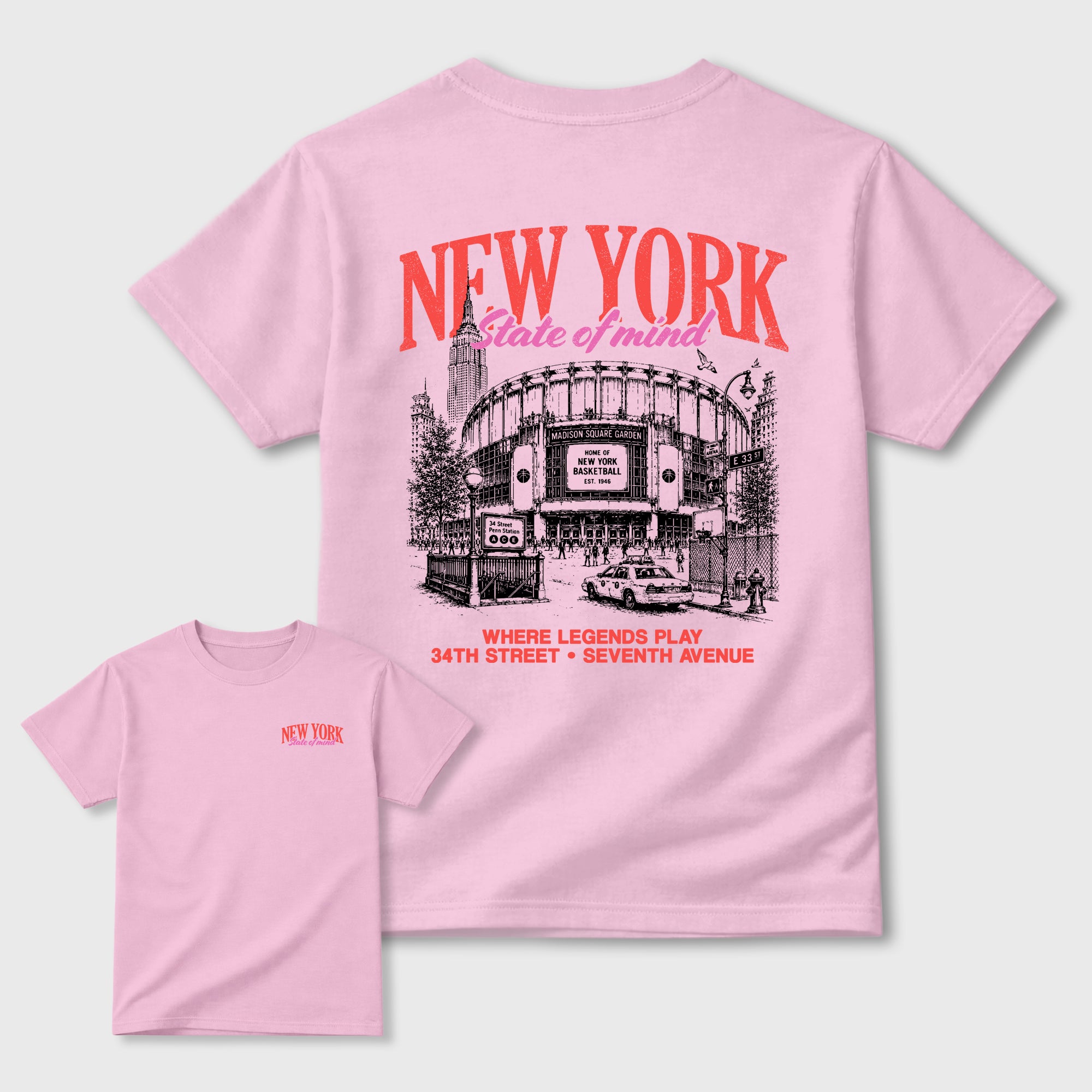 New York State of Mind Graphic T-Shirt featuring original streetwear artwork designed to match the . Pink Graphic T-Shirt.