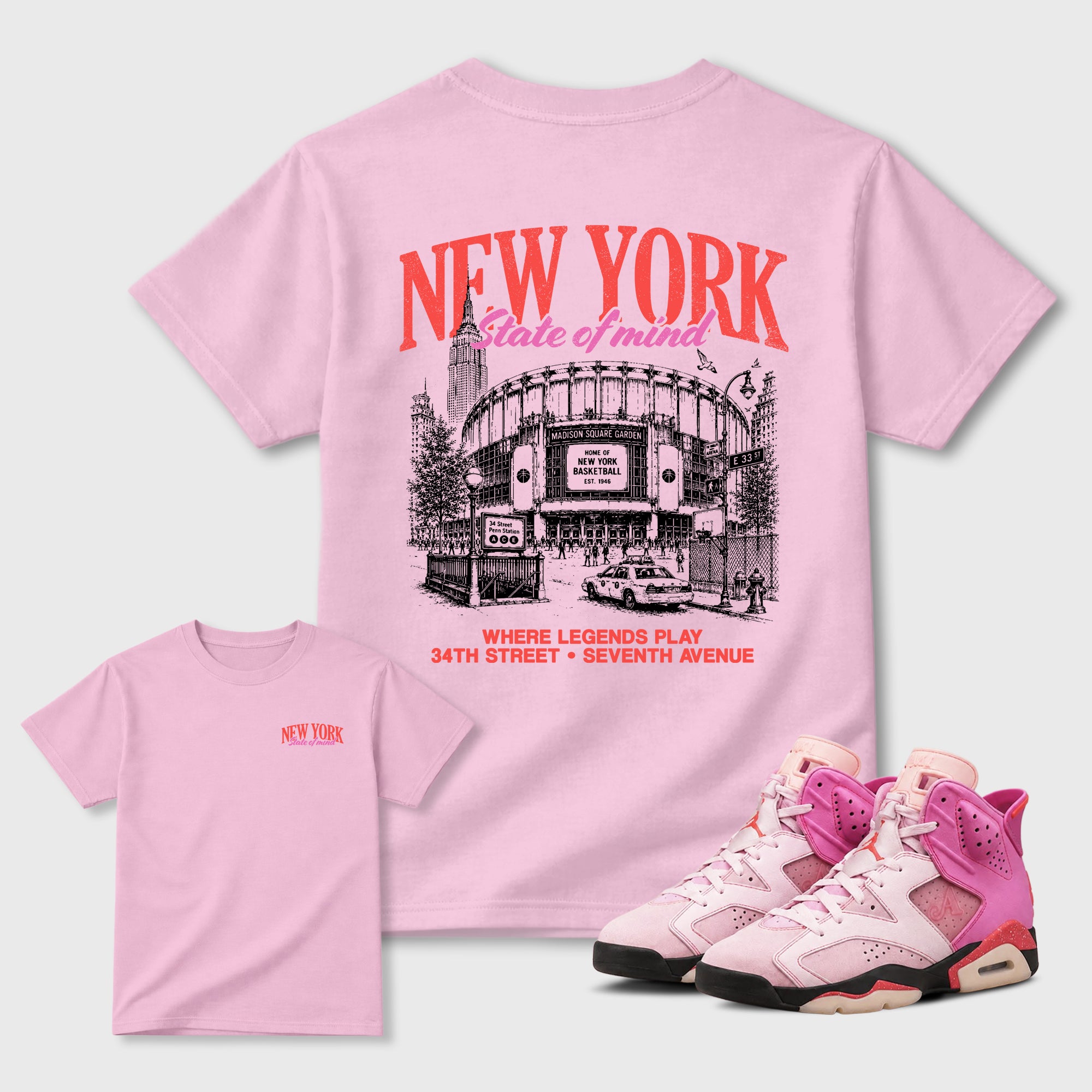 New York State of Mind Graphic T-Shirt featuring original streetwear artwork designed to match the . Pink Graphic T-Shirt.
