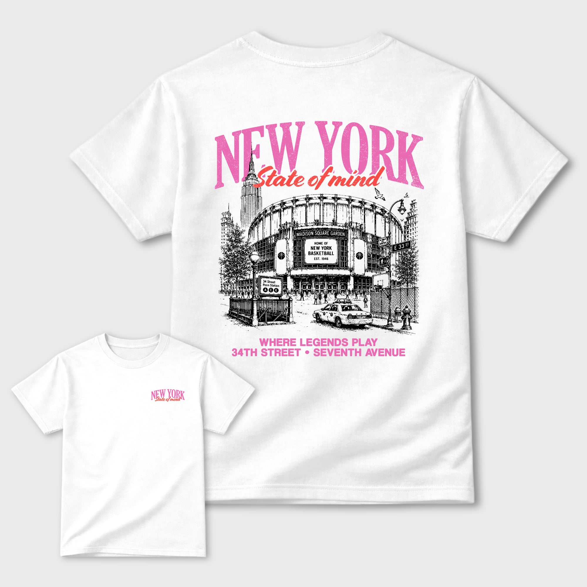 New York State of Mind Graphic T-Shirt featuring original streetwear artwork designed to match the Air Jordan 6 Playful Pink. White Graphic T-Shirt.