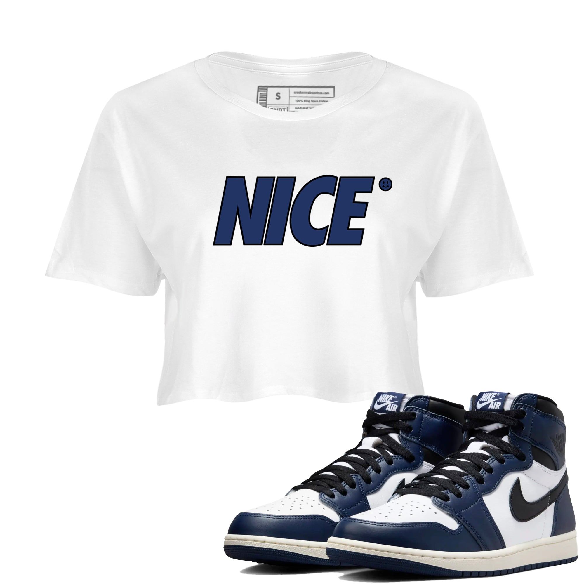 1s Midnight Navy shirts to match jordans Nice Smile sneaker match tees Air Jordan 1 Midnight Navy match shoes to clothes SNRT Sneaker Tees unisex cotton White 1 crop tee