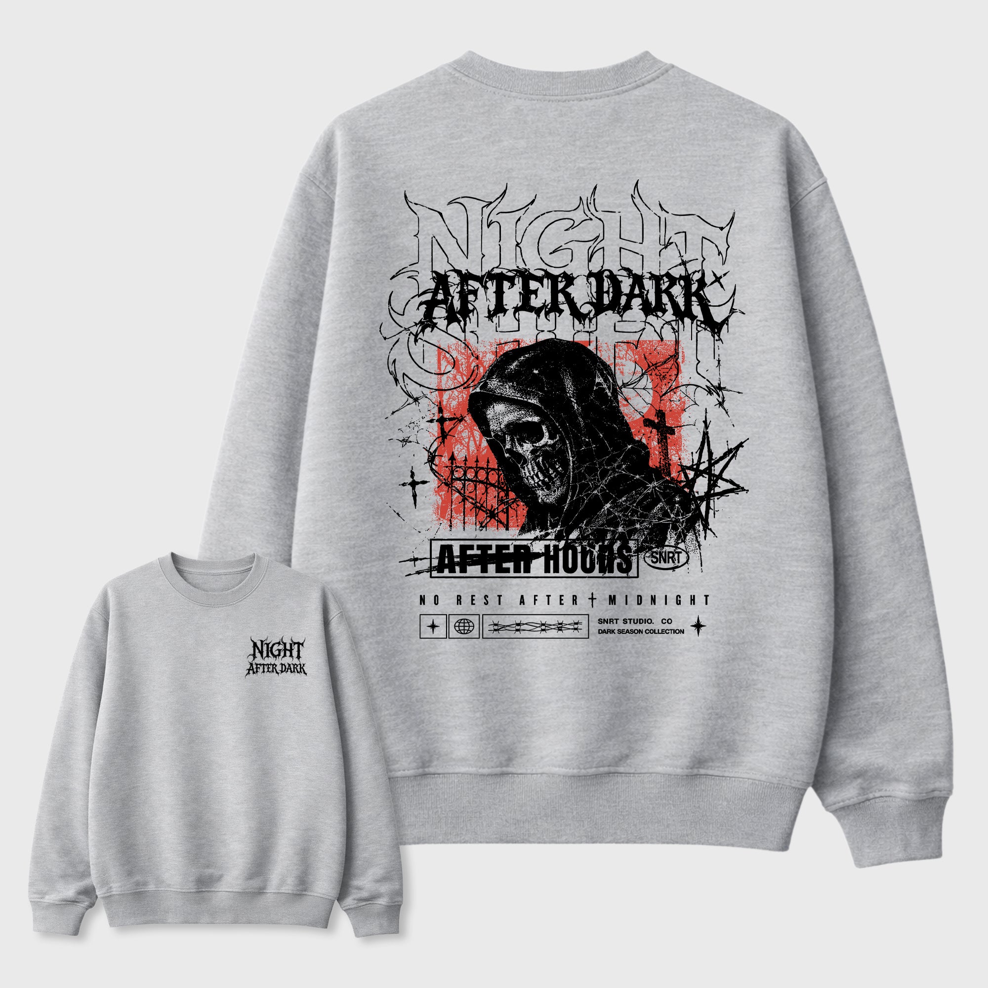 Night After Dark Graphic T-Shirt featuring spooky streetwear artwork for Halloween outfits and fall season style. a sneaker matching shirt for a coordinated sneaker outfit.