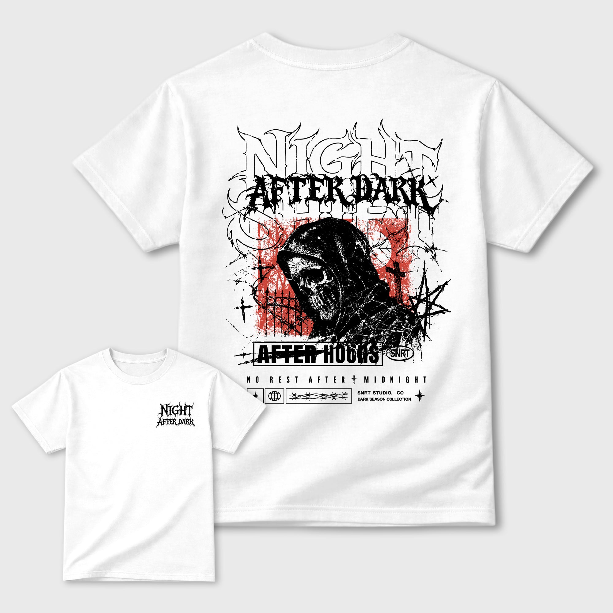 Night After Dark Graphic T-Shirt featuring spooky streetwear artwork for Halloween outfits and fall season style. a sneaker matching shirt for a coordinated sneaker outfit.