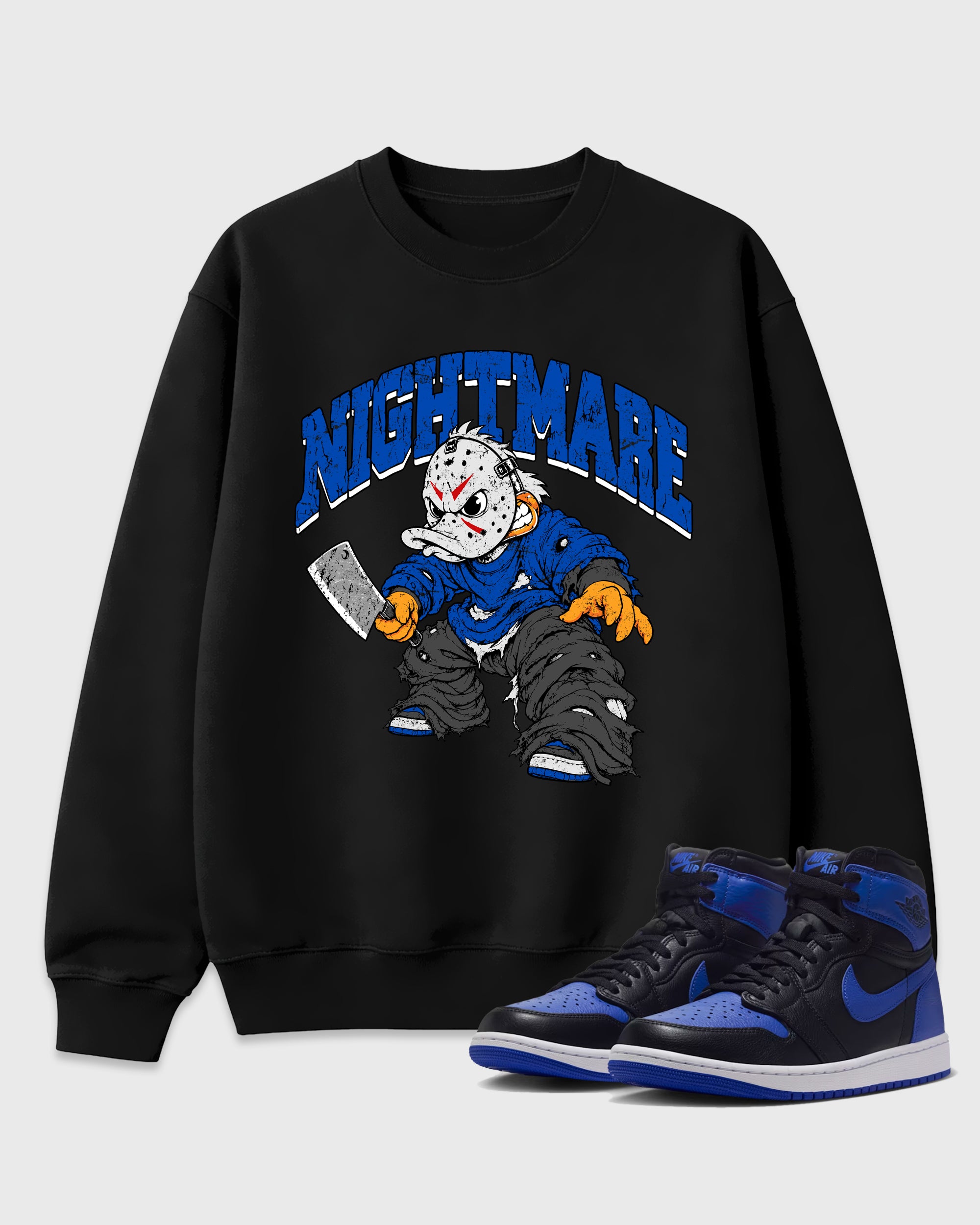Nightmare Graphic T-Shirt featuring original streetwear artwork designed to match the Air Jordan 1 Royal. Black 1 Graphic Tee.