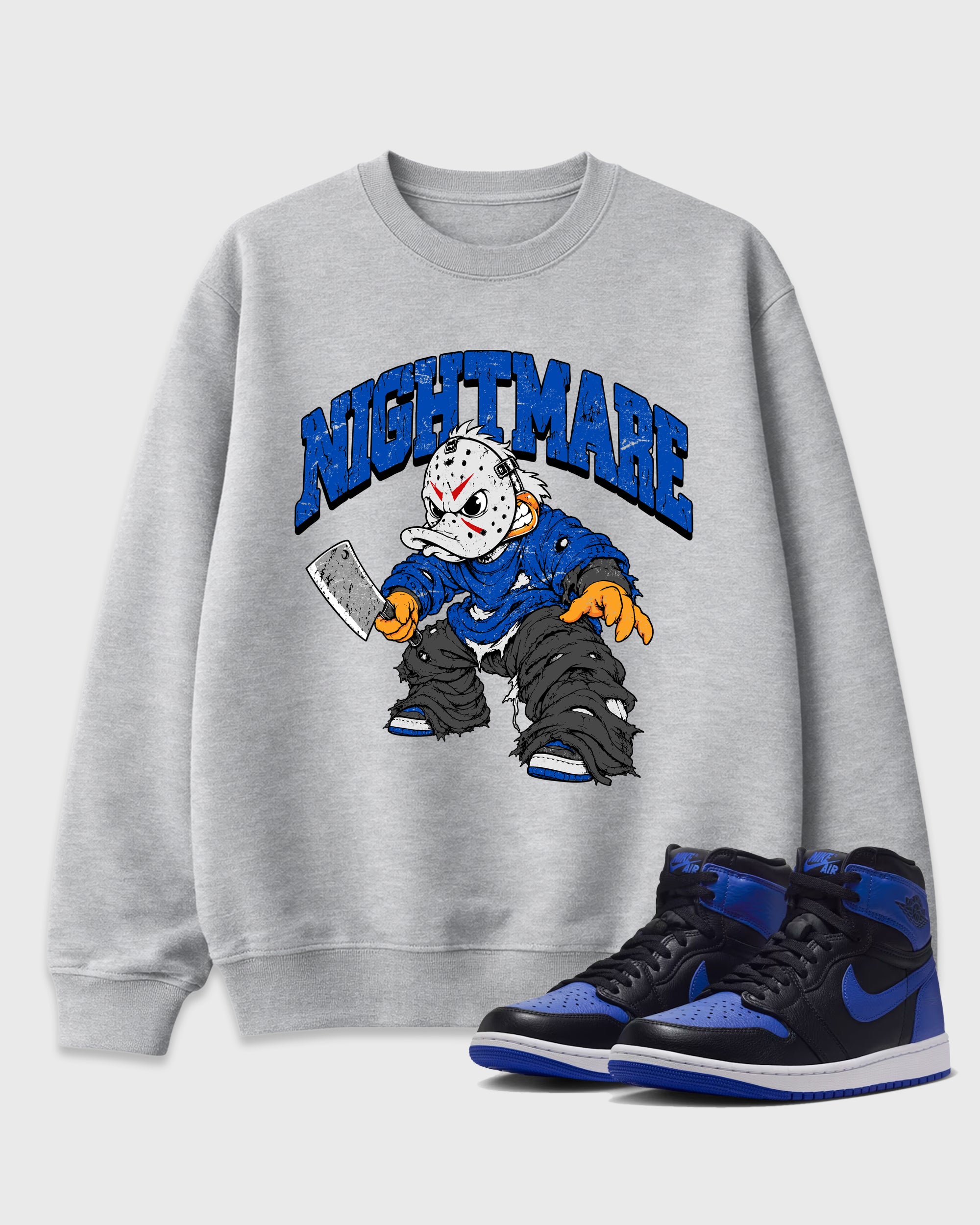 Nightmare Graphic T-Shirt featuring original streetwear artwork designed to match the Air Jordan 1 Royal. Heather Grey 1 Graphic Tee.
